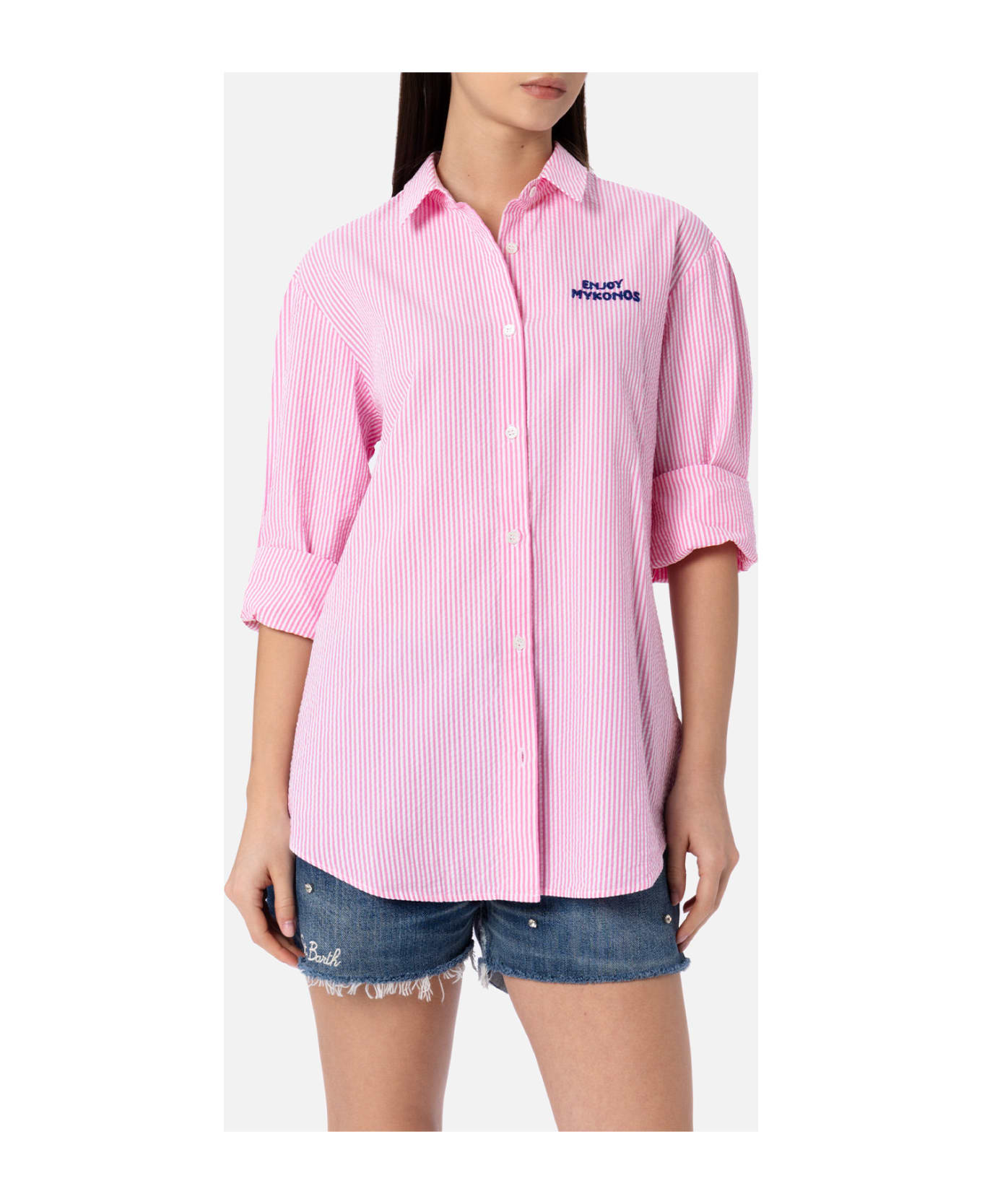 MC2 Saint Barth Woman Striped Seeruscker Cotton Over Shirt Brigitte With Front And Back Mykonos Embroidery - PINK