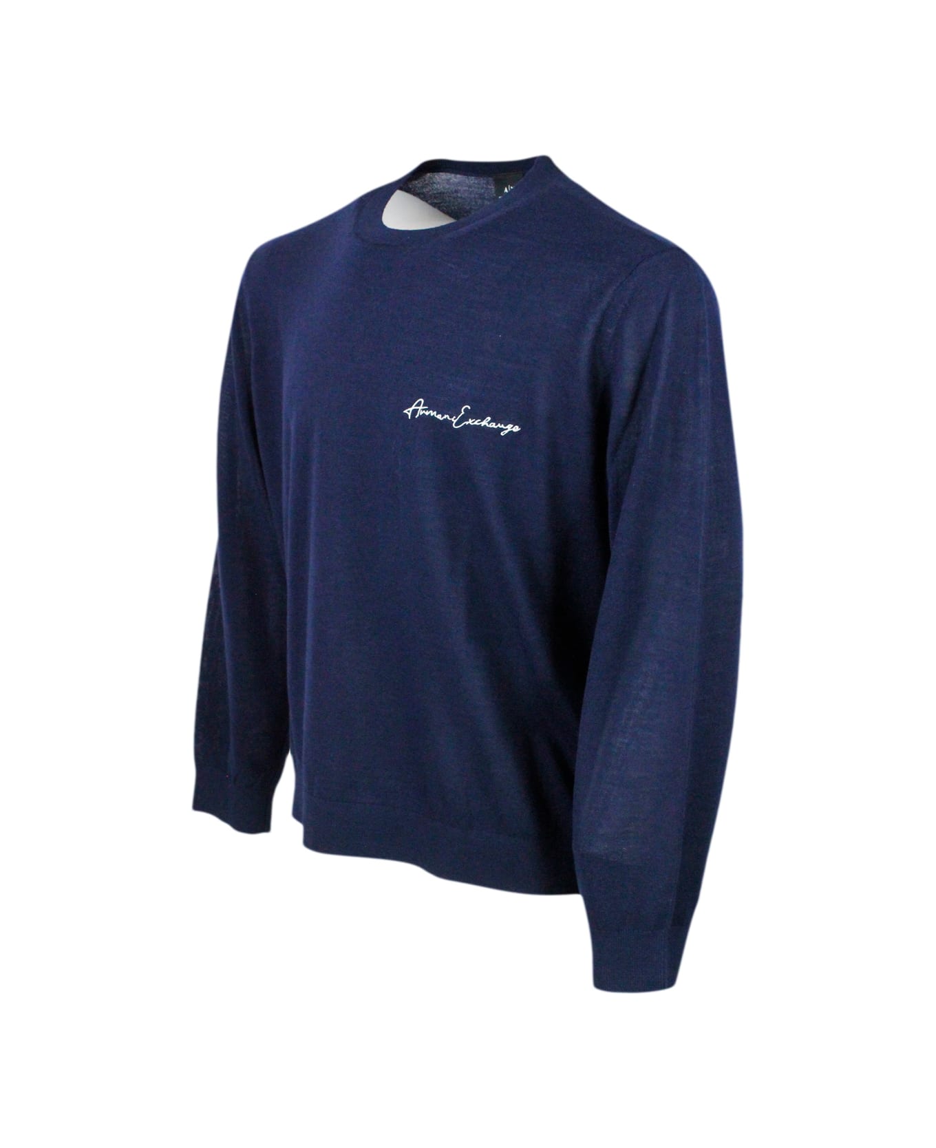 Armani Collezioni Lightweight Long-sleeved Crew-neck Sweater Made Of Wool Blend With Logo Writing On The Chest - Blu