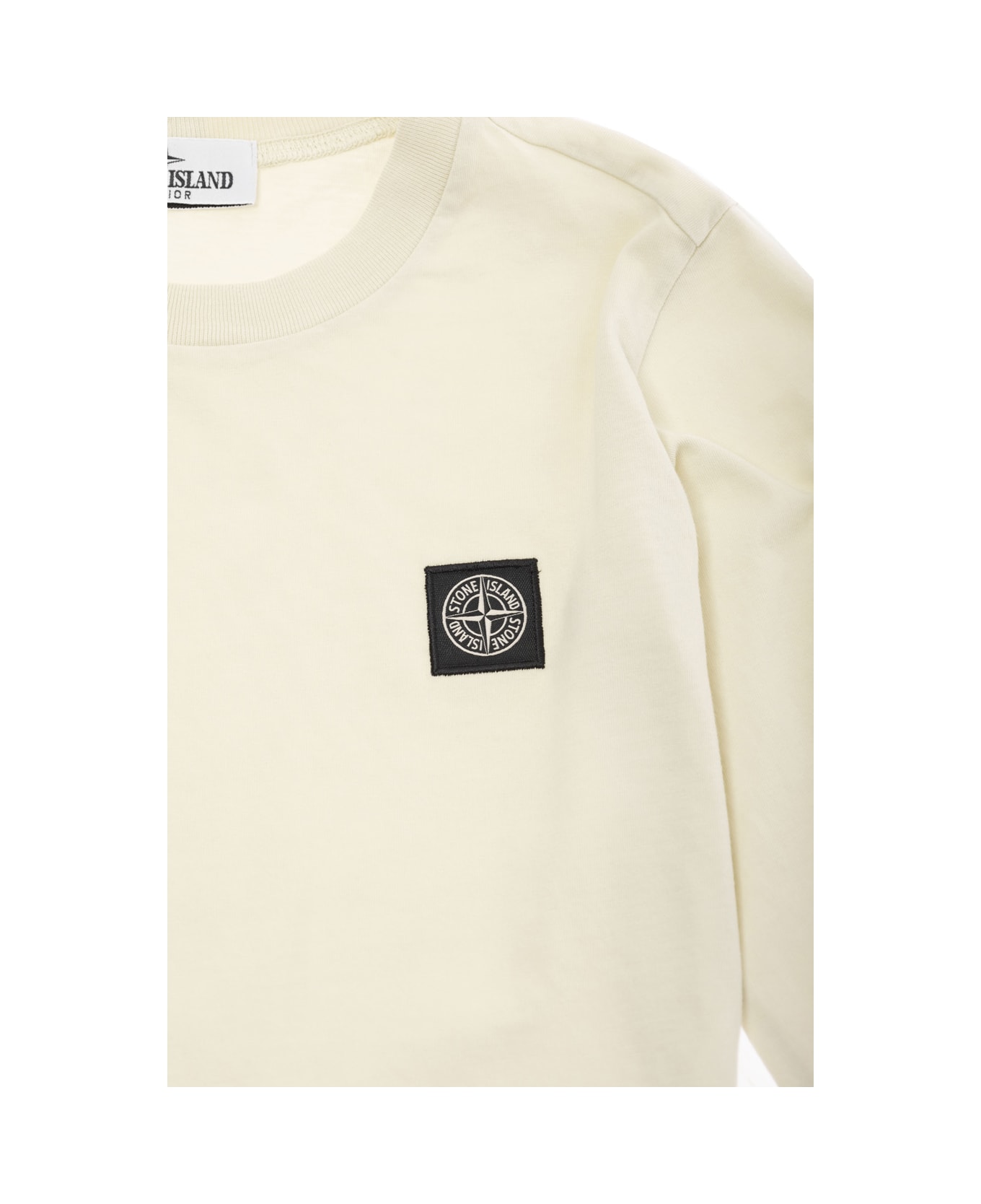 Stone Island Junior White Long Sleeve T-shirt With Logo Patch In Cotton Boy - White