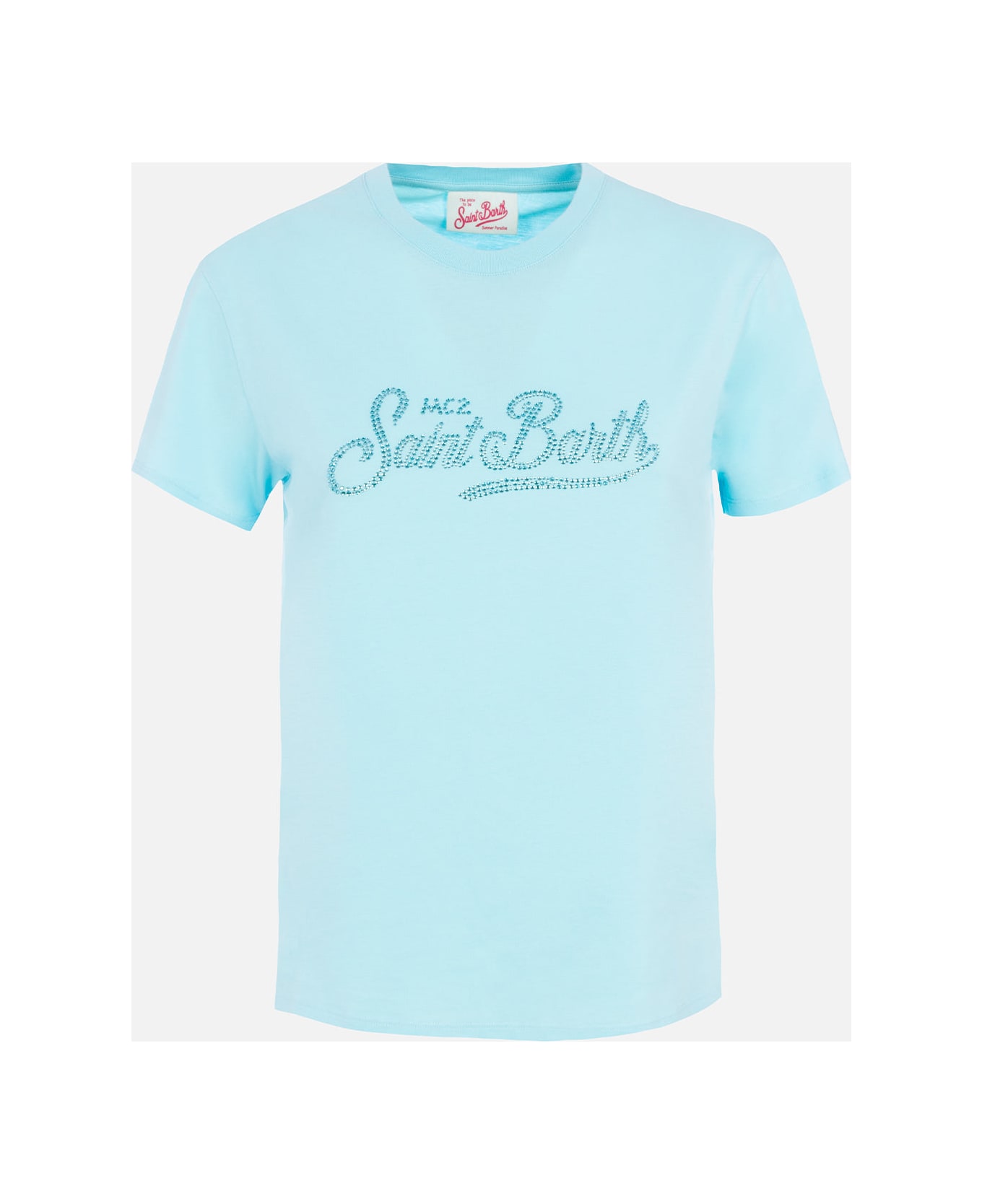 MC2 Saint Barth Woman Water Green Cotton Jersey Crewneck T-shirt Emilie With Rhinestones - GREEN