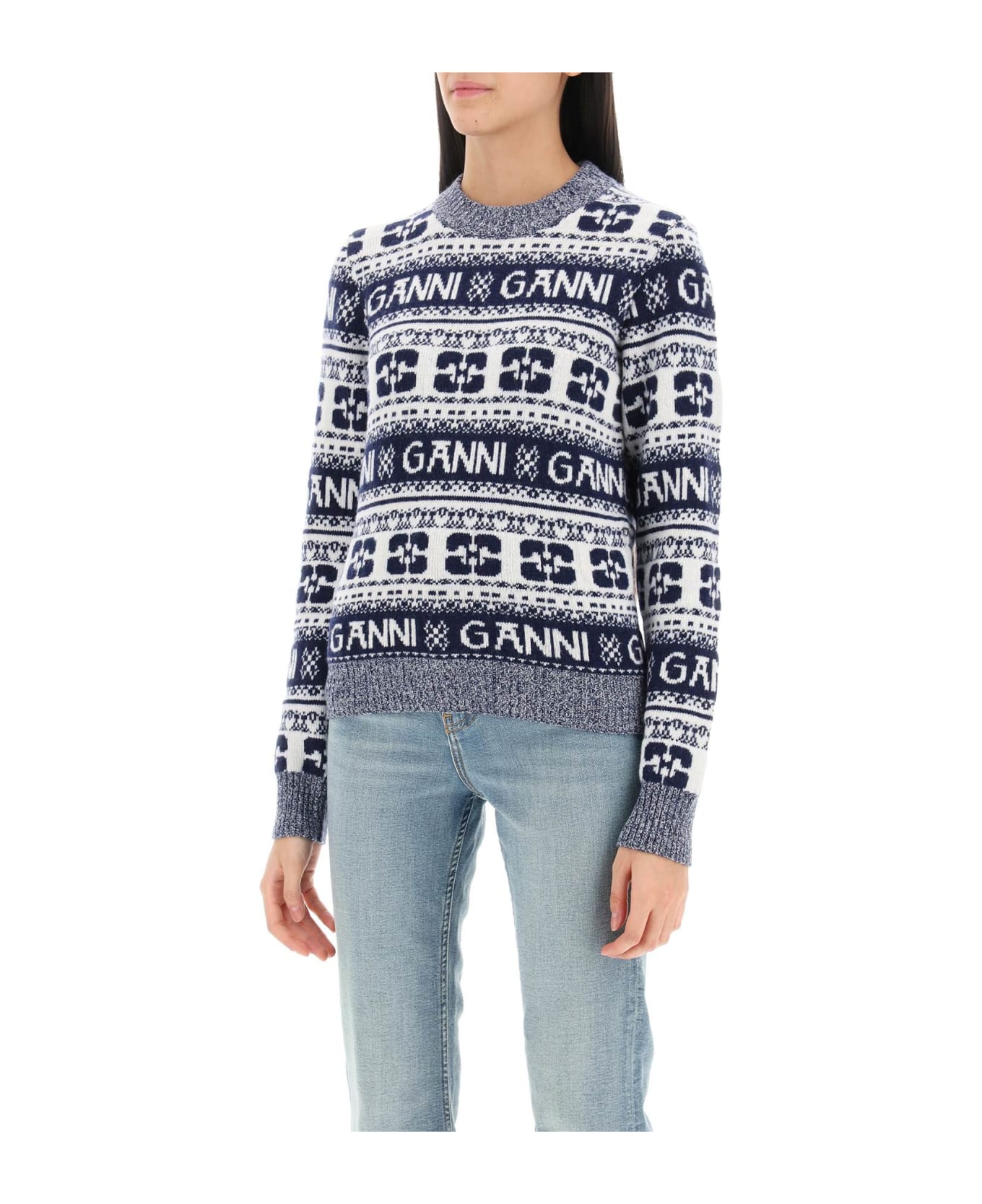 Ganni Jacquard Wool Sweater With Logo Pattern - SKY CAPTAIN (White) ニットウェア