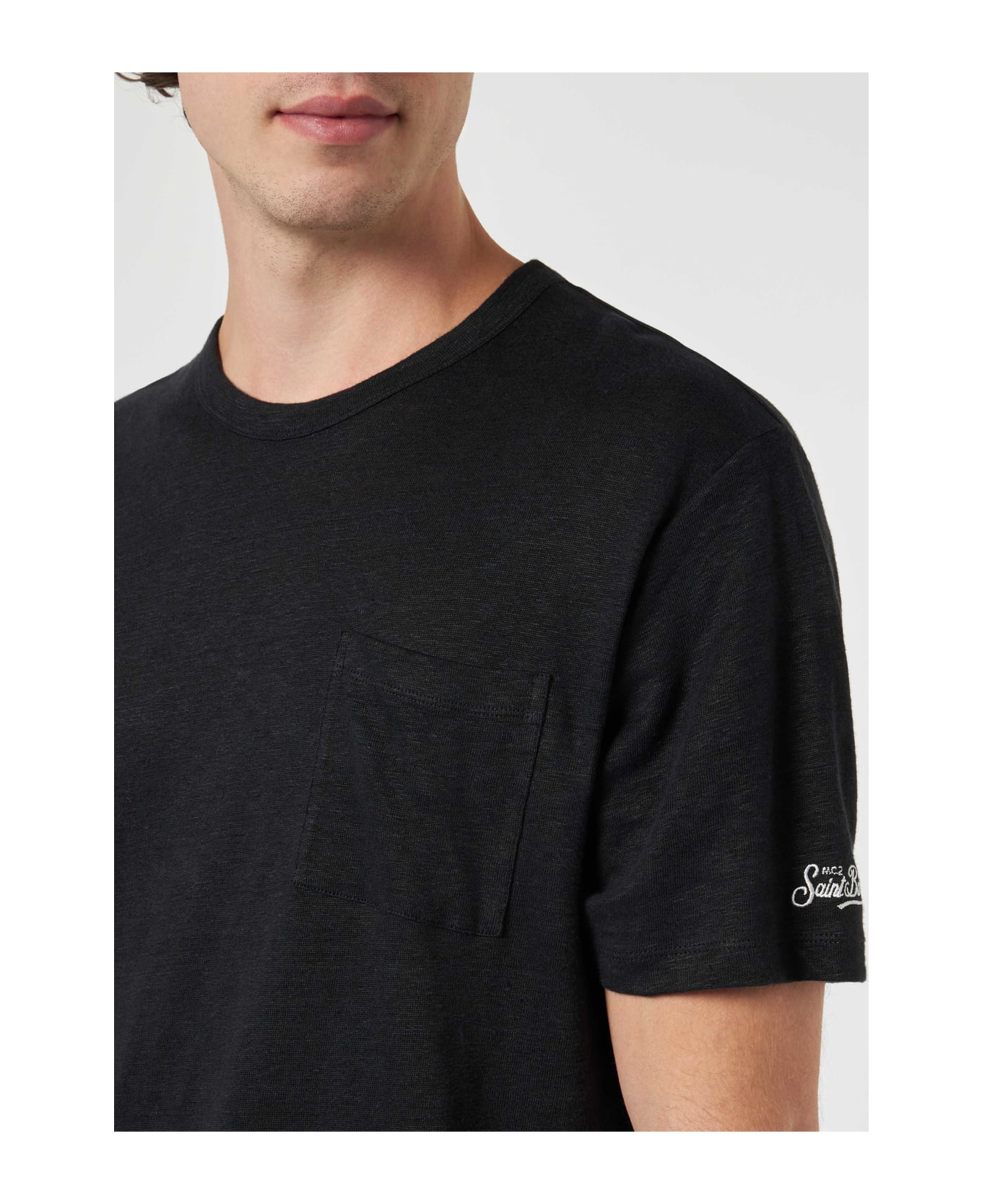 MC2 Saint Barth Man Black Linen Jersey T-shirt Ecstasea With Pocket - BLACK