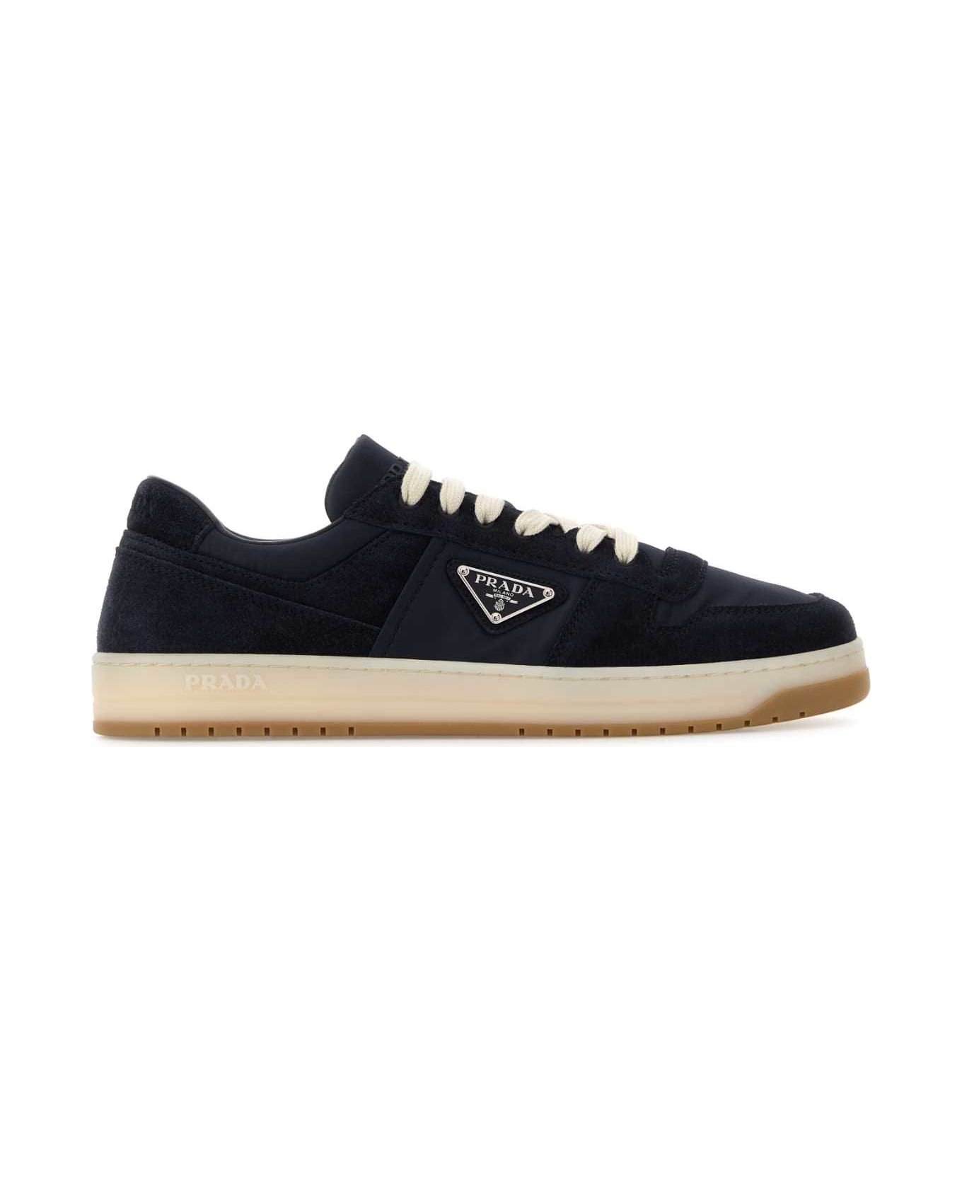 Prada Navy Blue Canvas And Suede Downtown Sneakers - BLU