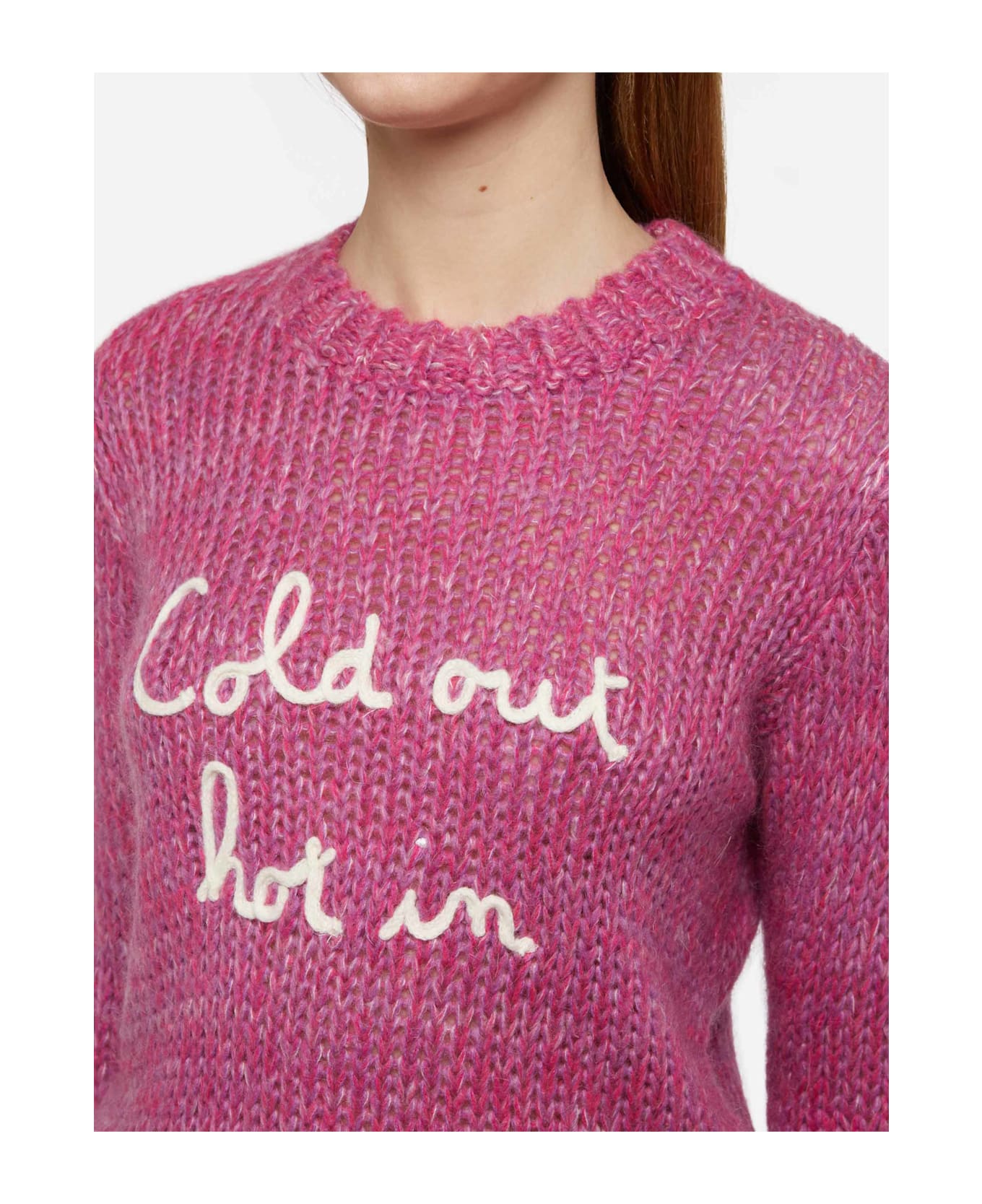 MC2 Saint Barth Woman Crewneck Soft Sweater With Cold Out Hot In Embroidery - PINK