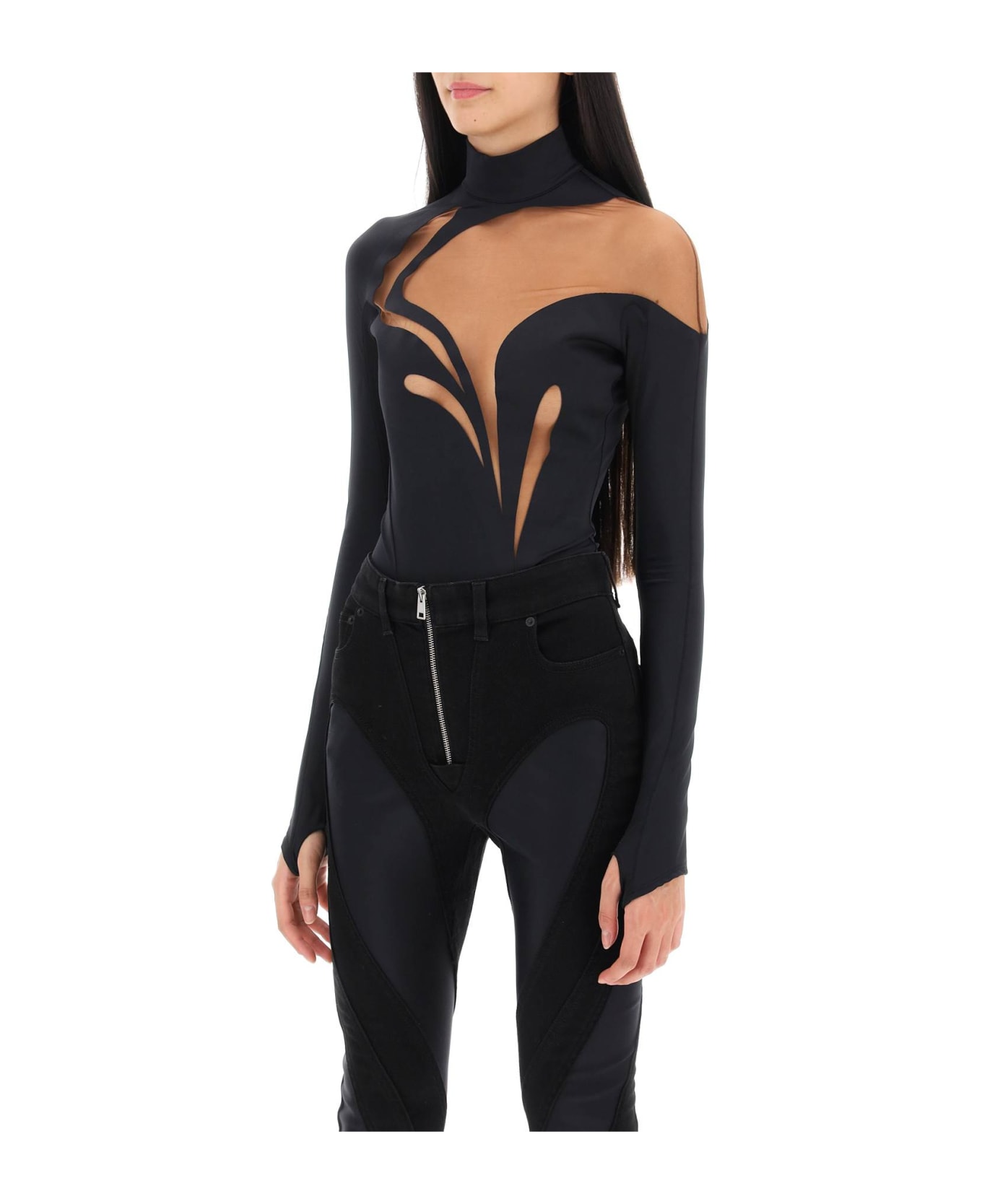 Mugler Long-sleeved Swirly Bodysuit - BLACK NUDE02 (Black)