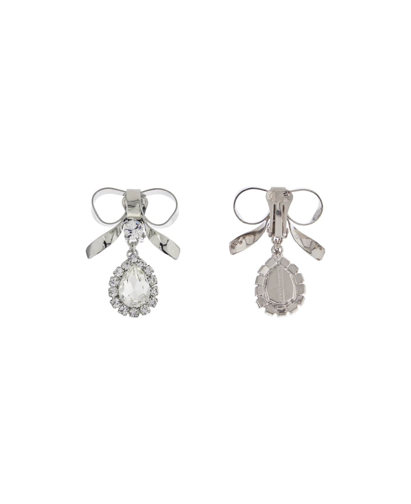 Alessandra Rich Bow Earrings With Crystal Pendant In Silver-plated Brass - CRY-SILVER (Silver)