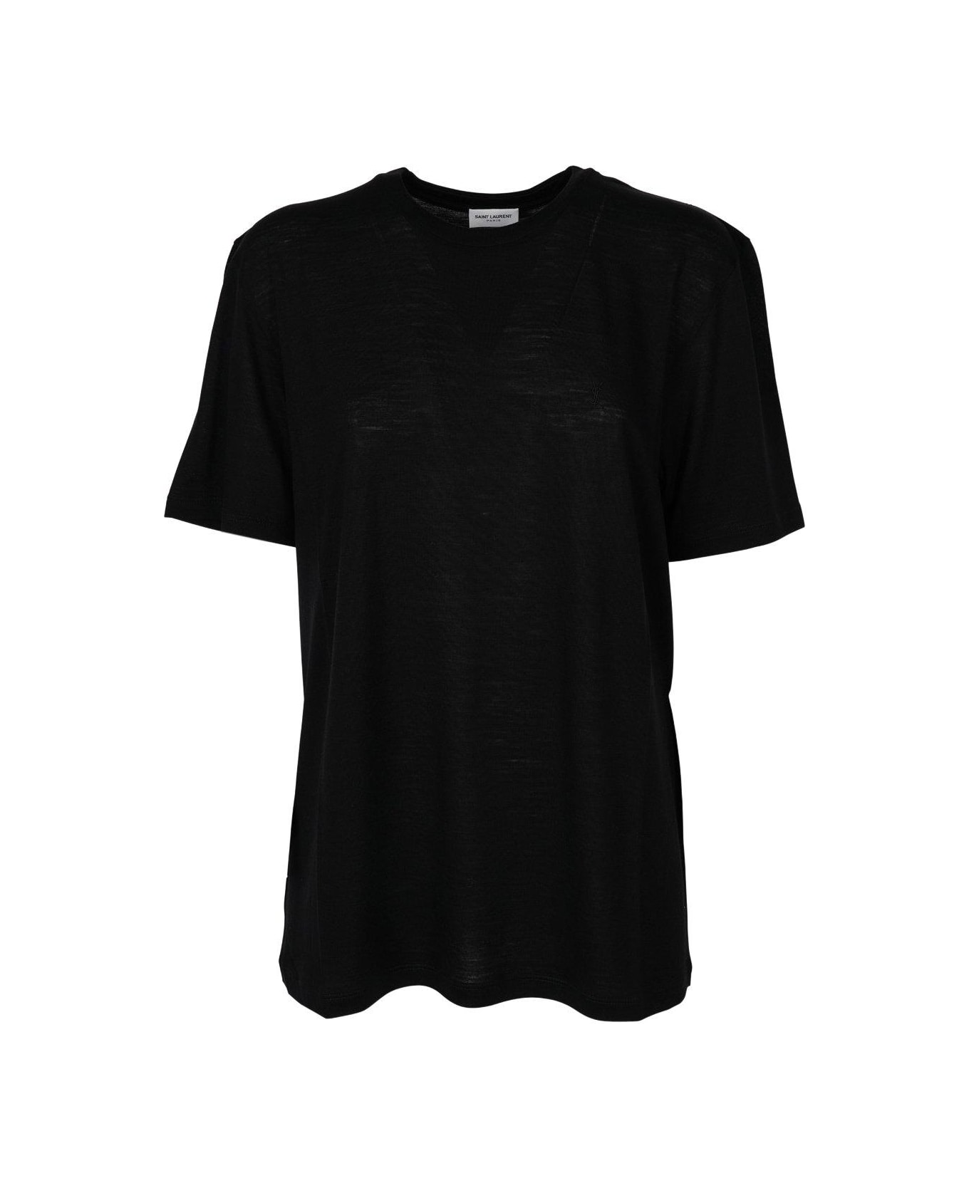 Saint Laurent Logo Embroidered Crewneck T-shirt - BLACK シャツ