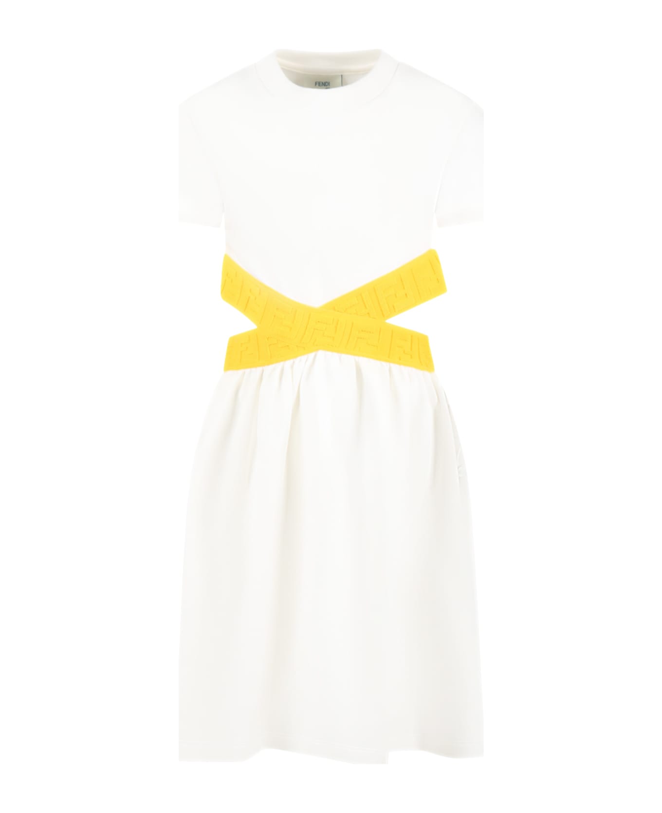 Fendi White Dress For Girl With Yellow Logo - WHITE