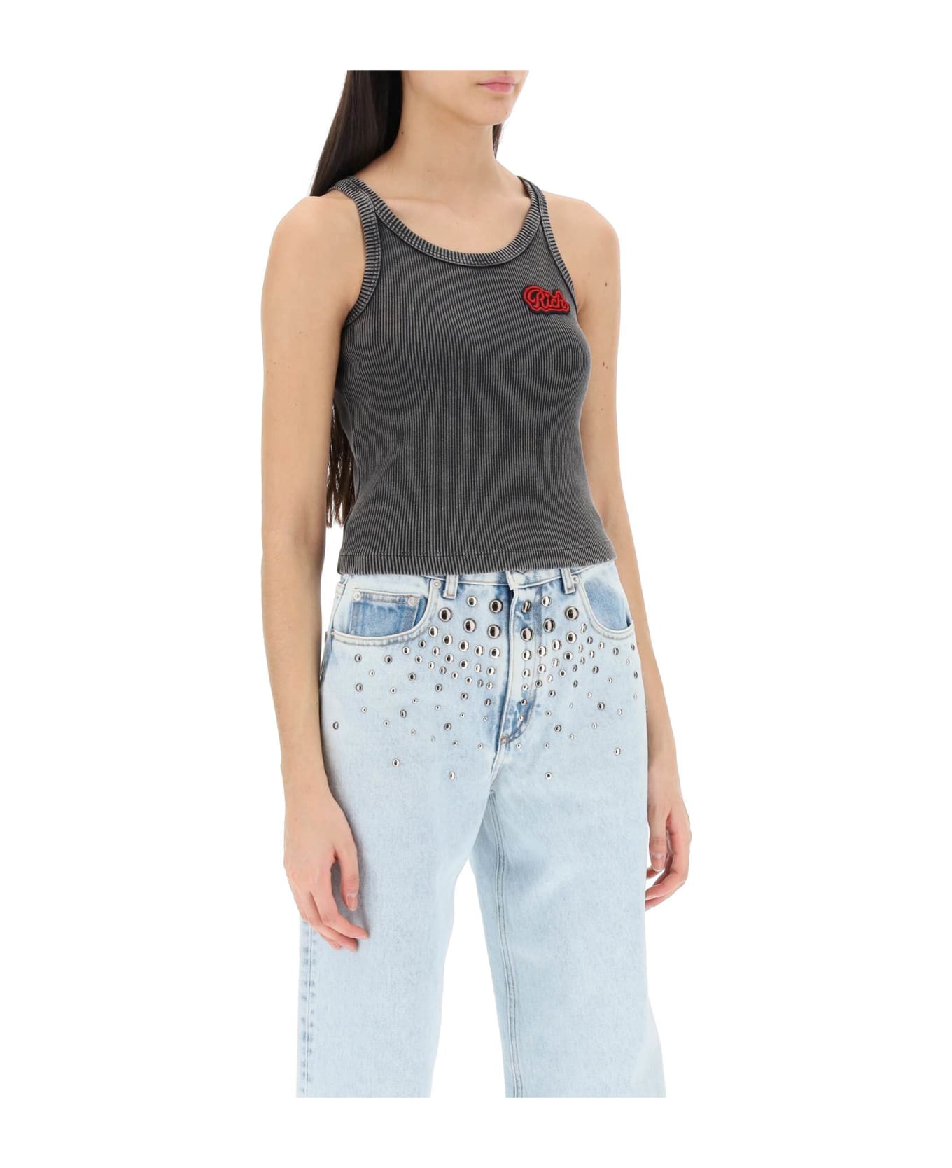 Alessandra Rich Ribbed Tank Top With Logo Patch - GREY (Grey)