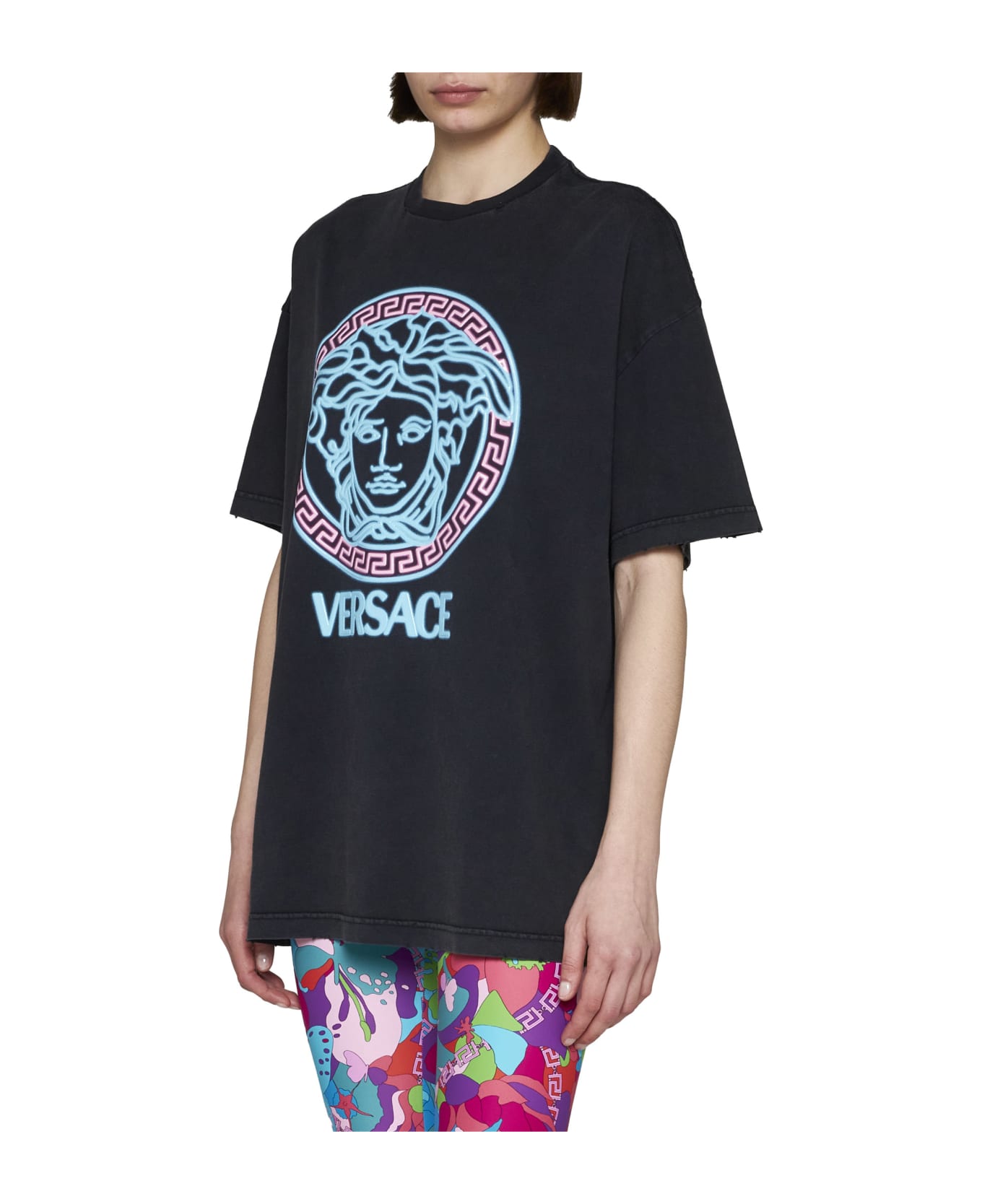 Versace T-shirt With Worn Look - Blacblack+neon azur+neon pink