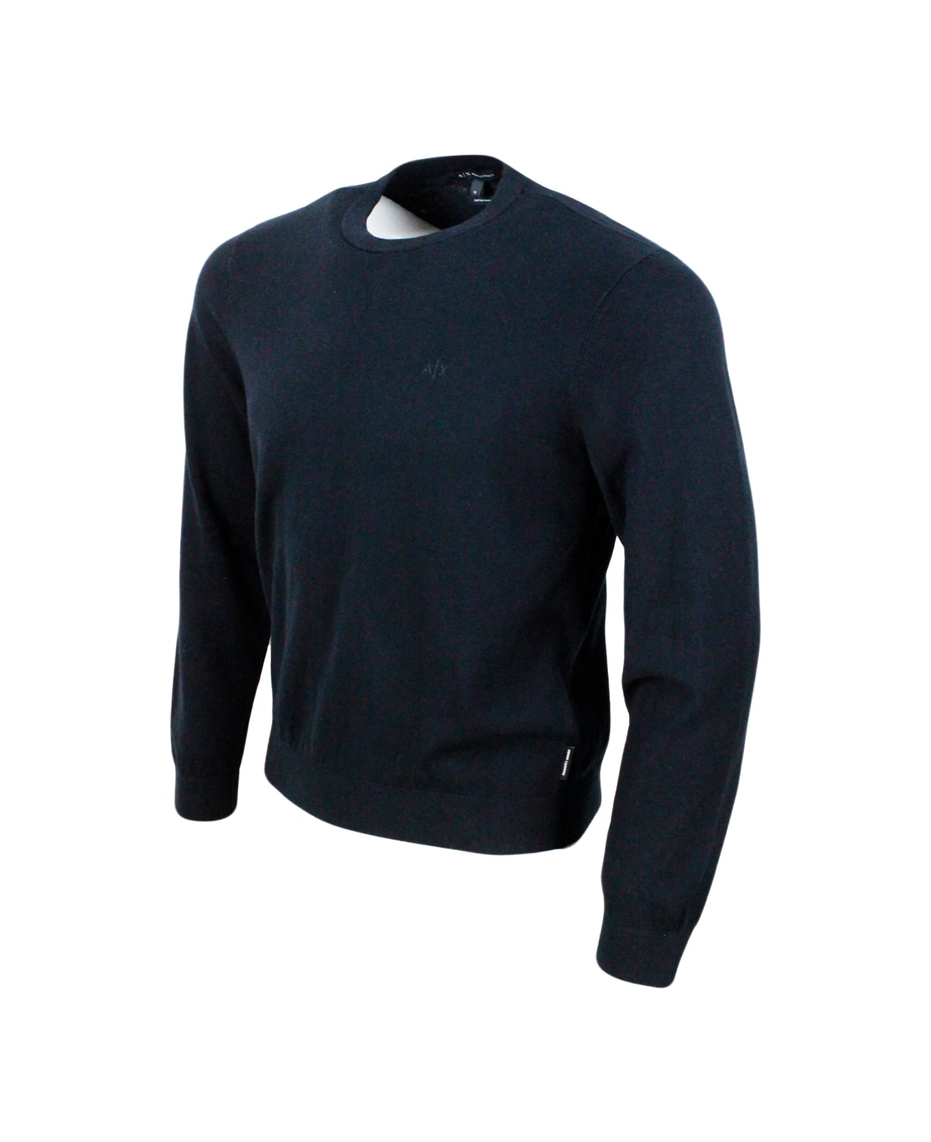 Armani Collezioni Lightweight Long-sleeved Crew-neck Sweater Made Of Warm Cotton And Cashmere With Contrasting Color Profiles At The Bottom And On The Cuffs - Black