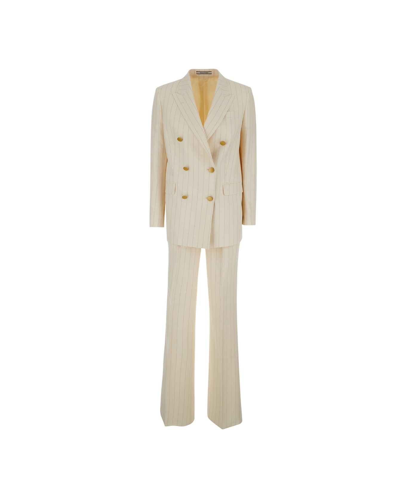 Tagliatore Beige Striped Double-breasted Suit In Cotton And Linen Woman - White