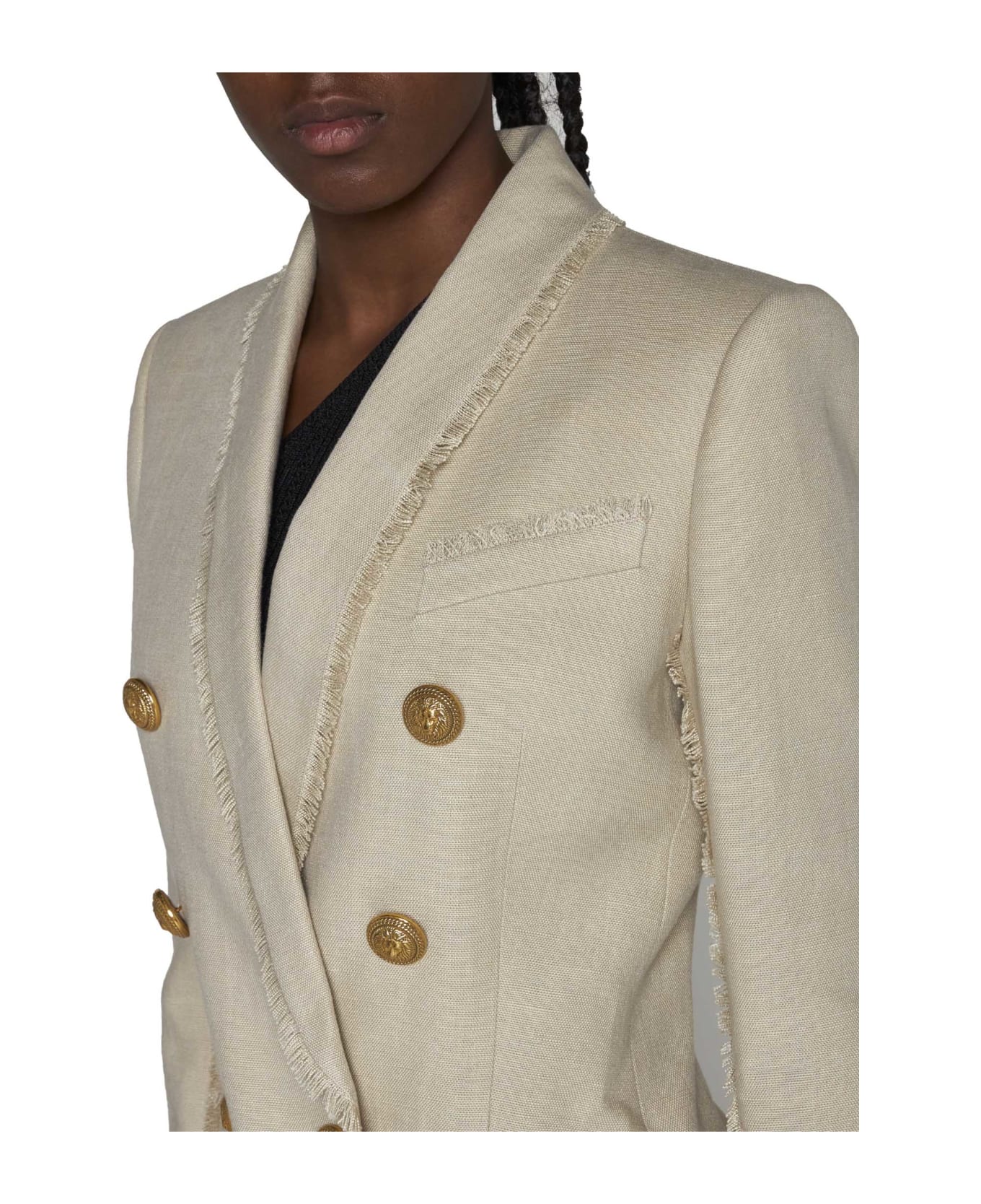 Balmain Double-breasted Fray-trimmed Blazer - Beige ブレザー
