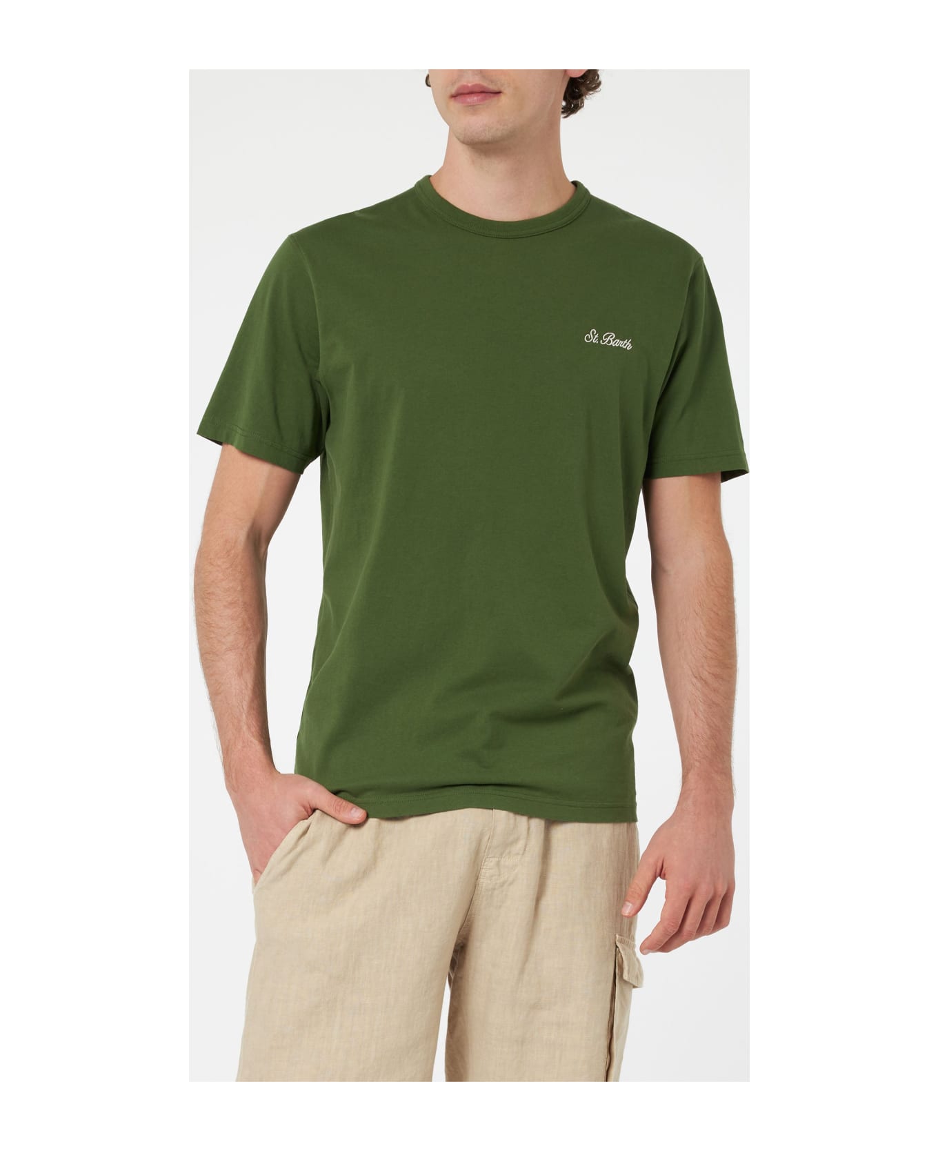 MC2 Saint Barth Man Military Green Cotton Jersey T-shirt Dover With St. Barth Embroidery - GREEN