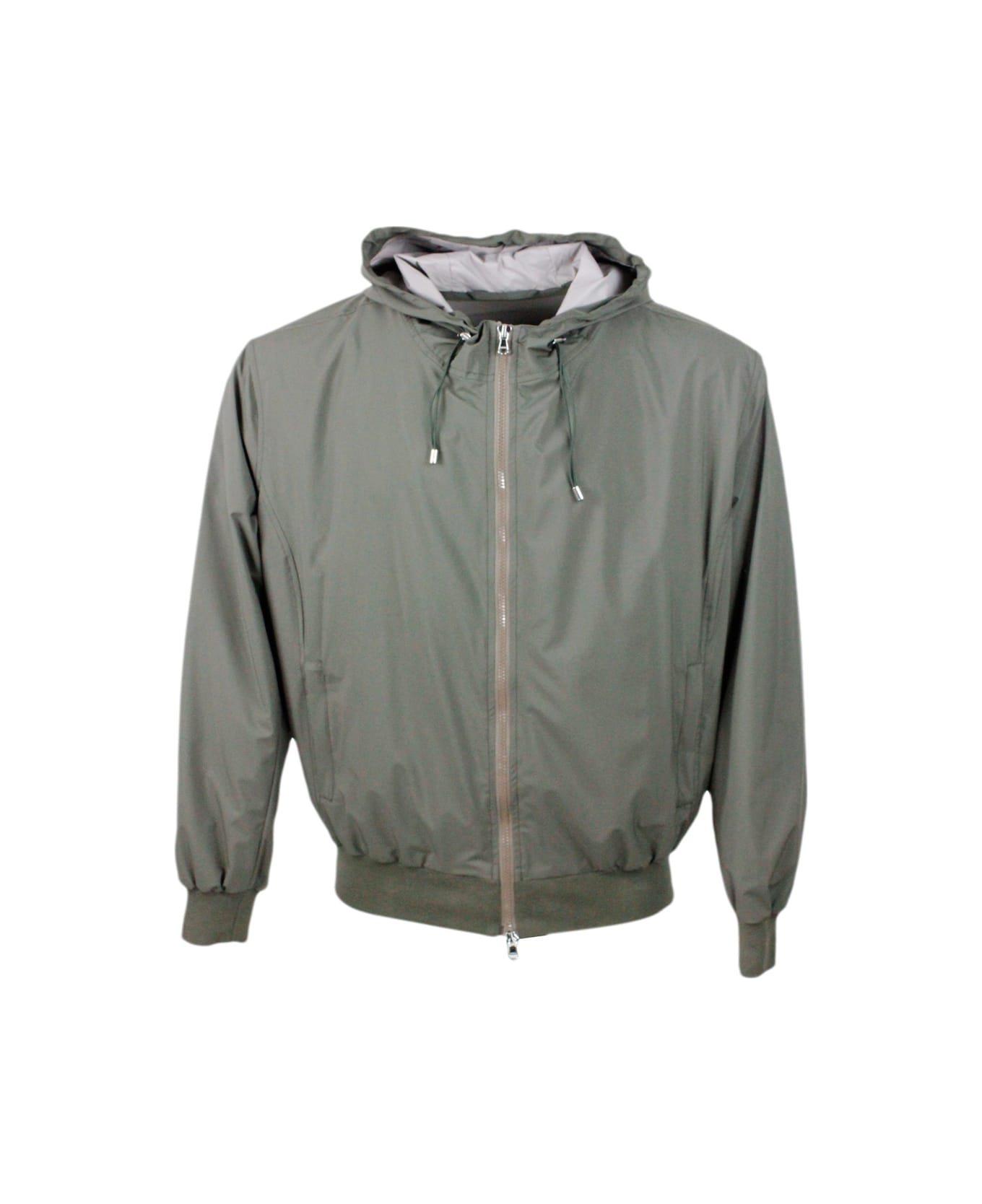 Barba Napoli Lightweight Bomber Jacket In Windproof Technical Fabric With Hood With Zip Closure And Knitted Cuffs And Bottom. - Green