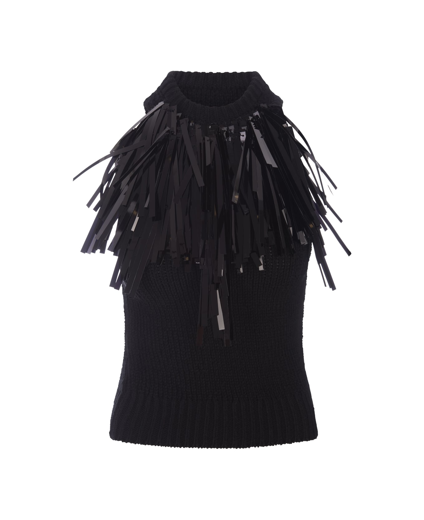 Jil Sander Black Sleeveless Top With Sequin Fringes - Black