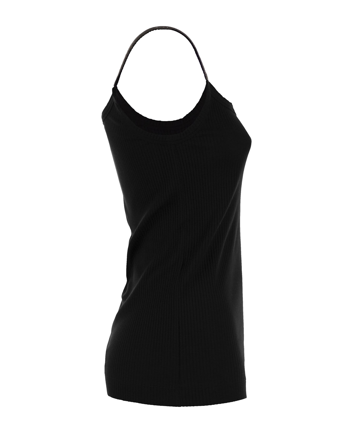 Brunello Cucinelli Stretch Cotton Ribbed Jersey Top With Precious Straps - Black
