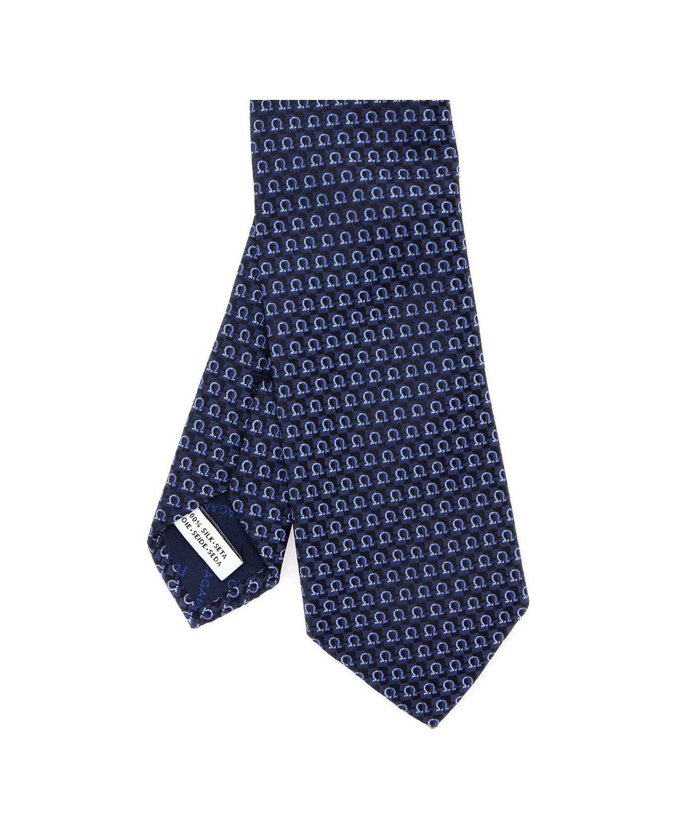 Ferragamo Blue Tie With All-over Mini Logo Print In Silk Man - Blu