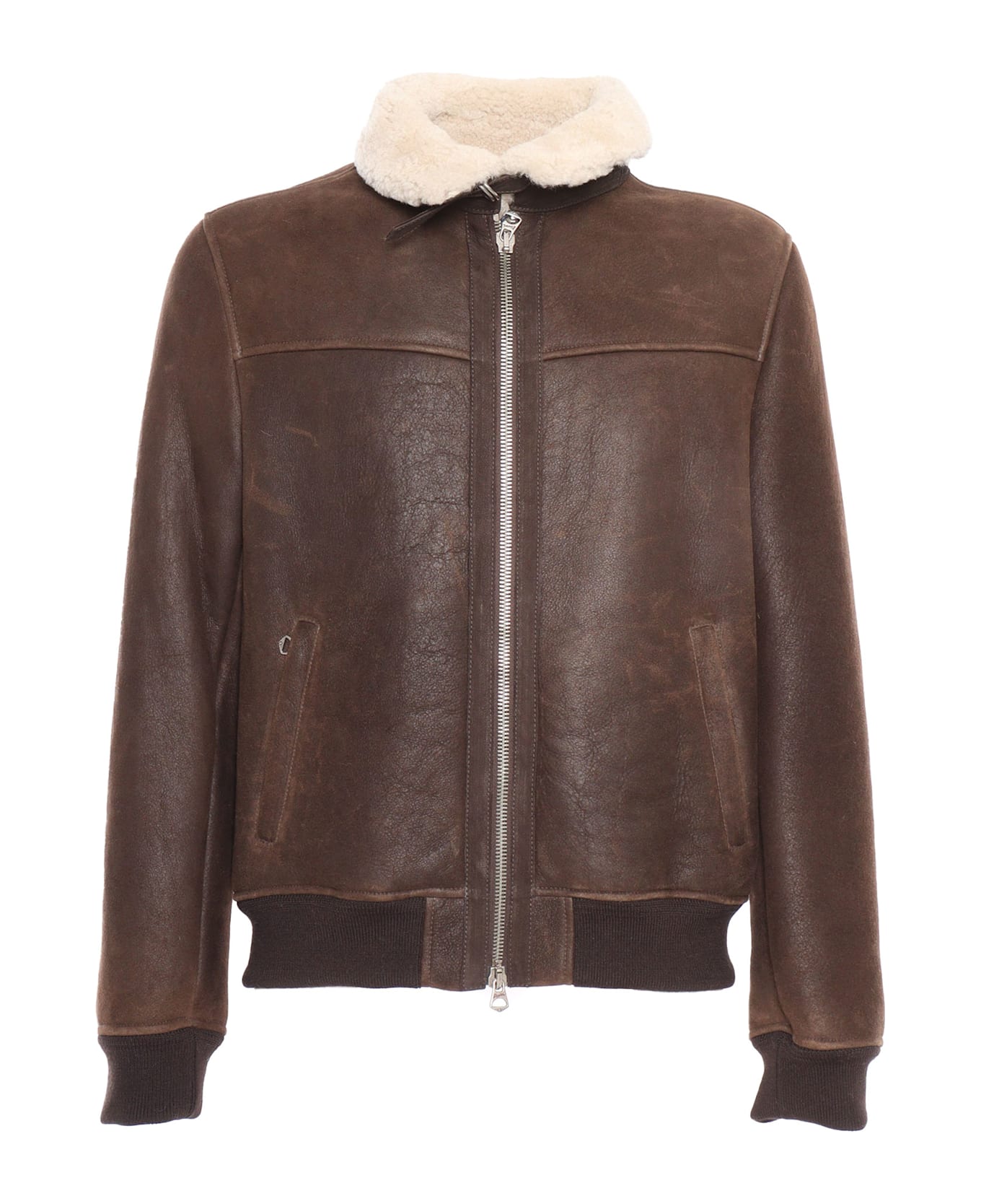 Stewart Shearling Jacket With Shirt Collar Closed With A Strap And Buckle, Double Slider Front Zip Closure, 2 Side Pockets With Zip, Rib Knit Bottom And Cuffs - BROWN