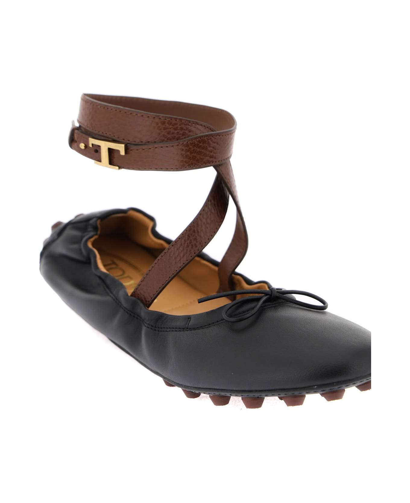 Tod's Bubble Leather Ballet Flats Shoes With Strap - NERO MOGANO (Black)