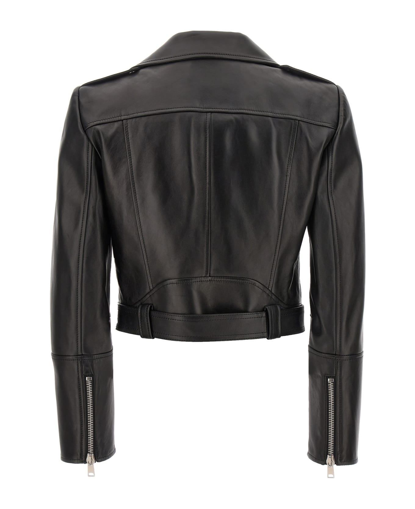 Alexander McQueen Cropped Biker Jacket With Matching Belt In Smooth Leather - Black レザージャケット