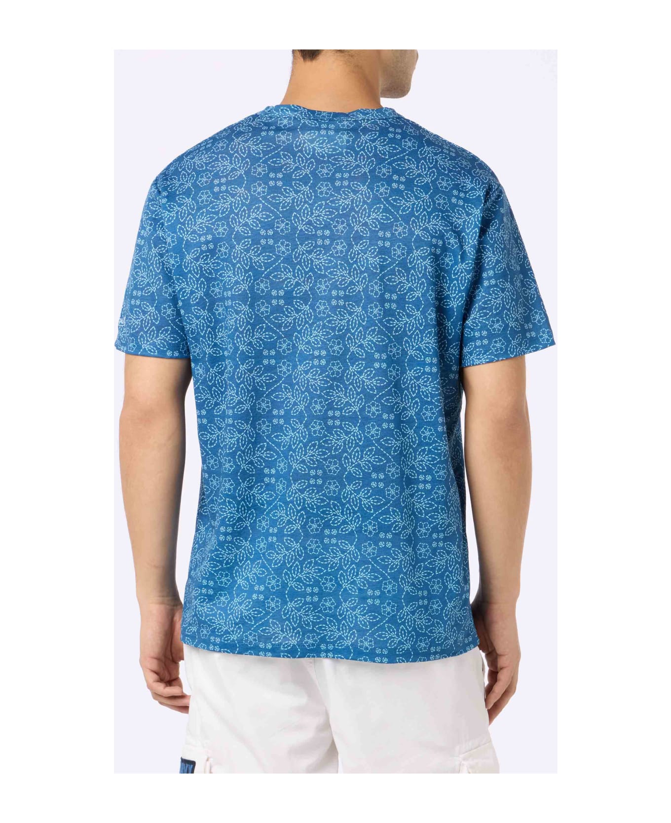 MC2 Saint Barth Man Blue Linen Jersey T-shirt Ecstasea With Sashiko Print - BLUE