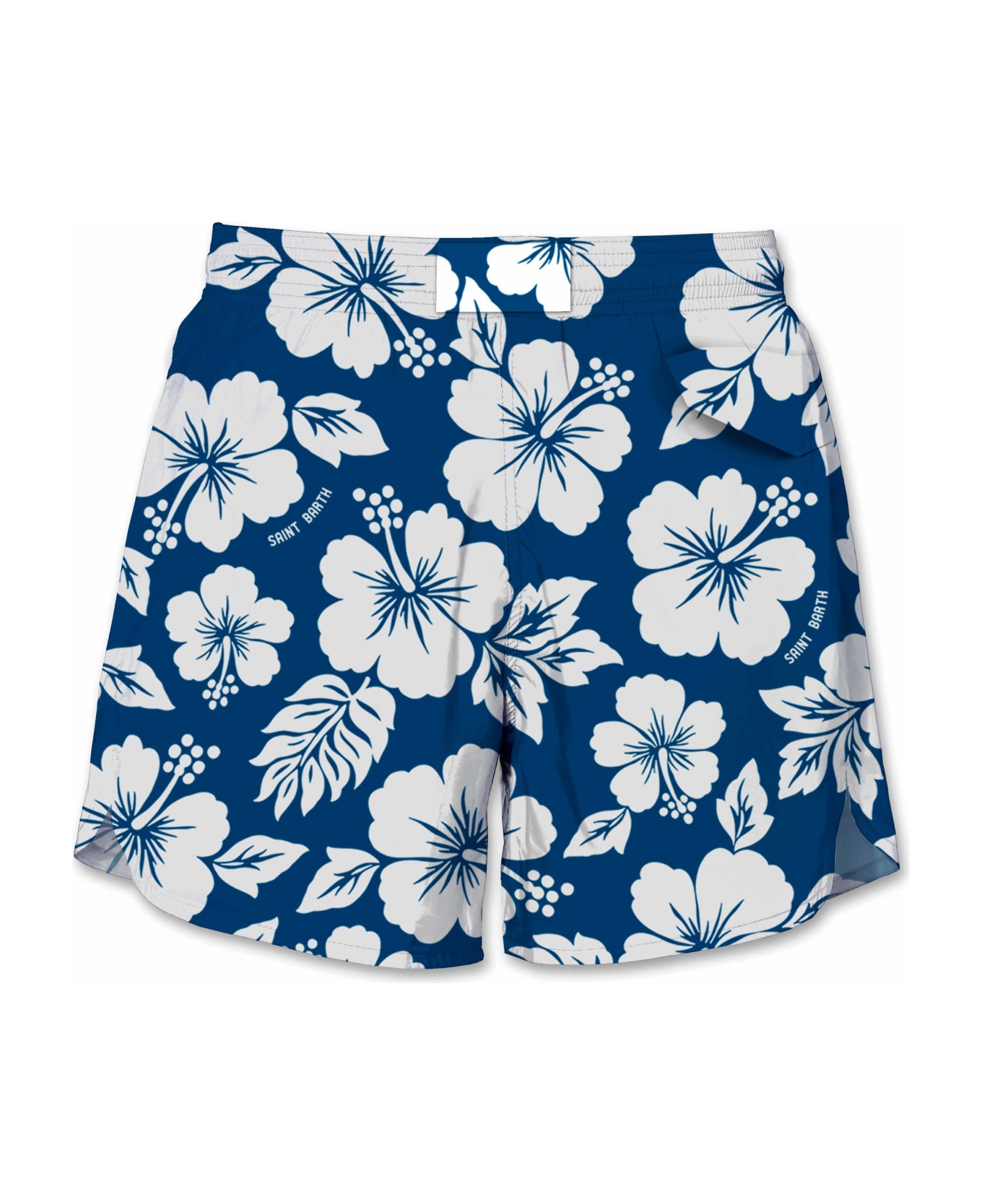 MC2 Saint Barth Blue Swim Short Mid-lenght With White Flower Print - BLUE