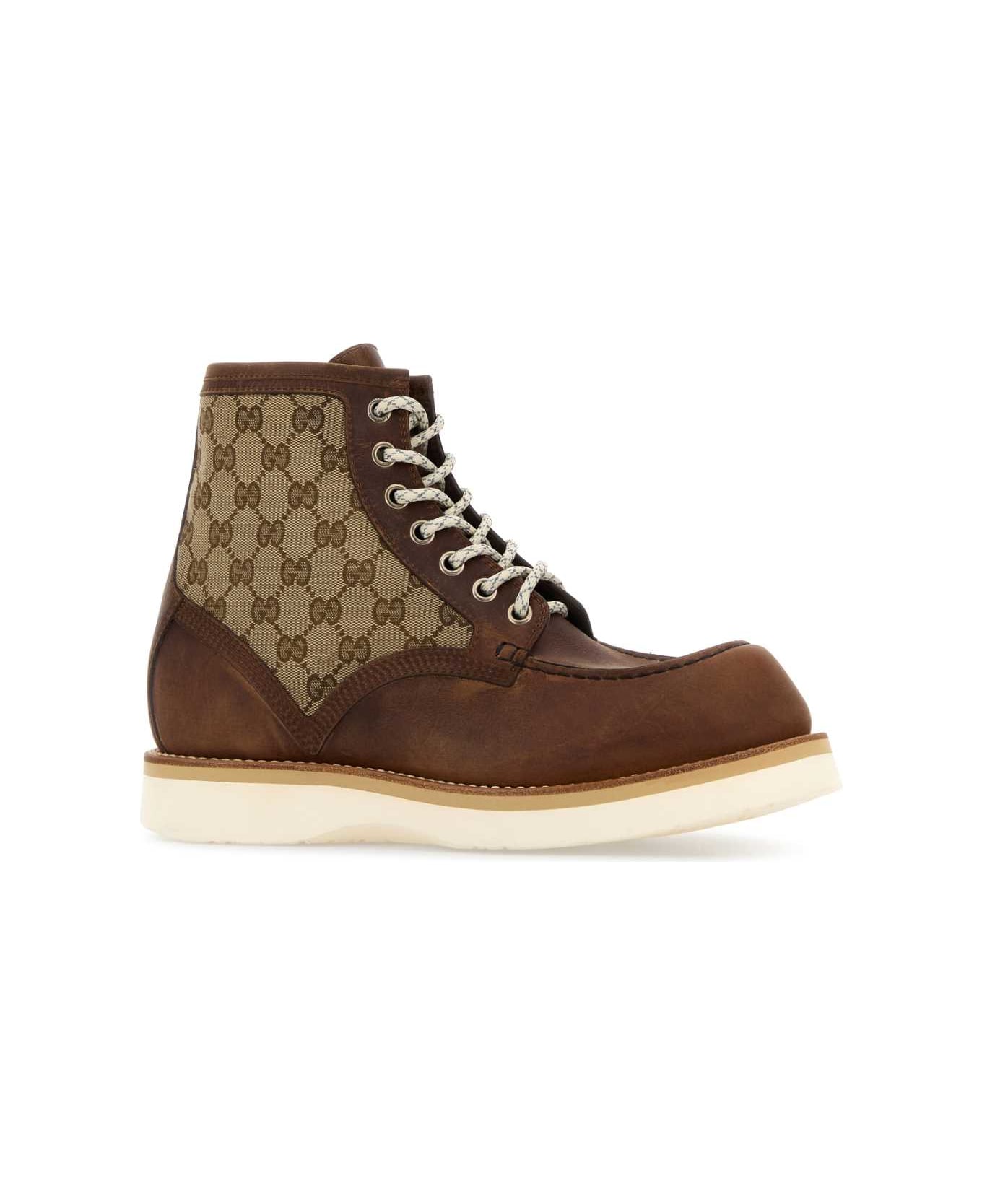 Gucci Multicolor Gg Fabric And Leather Ankle Boots - CUIRBEIGEEBONY