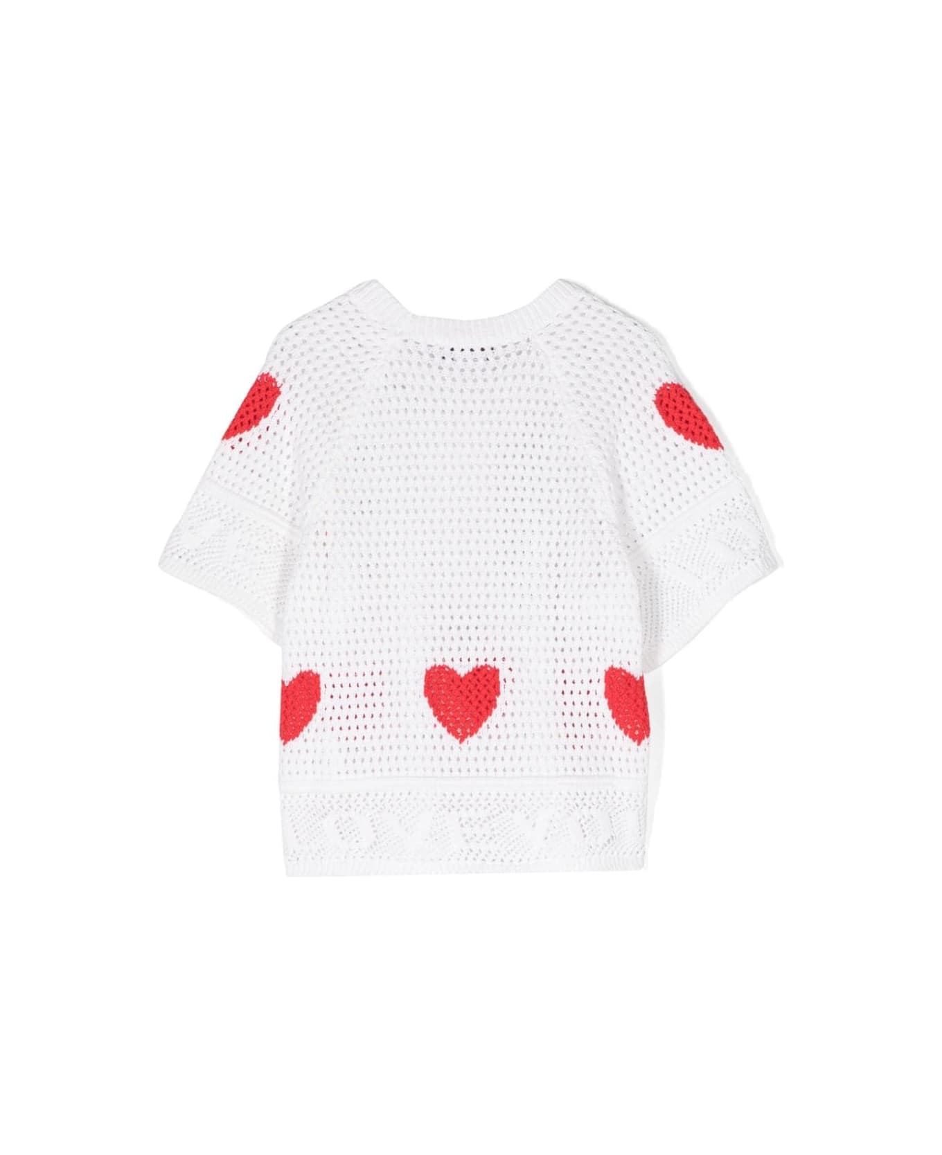 Stella McCartney Kids White Crochet T-shirt With Red Hearts - White