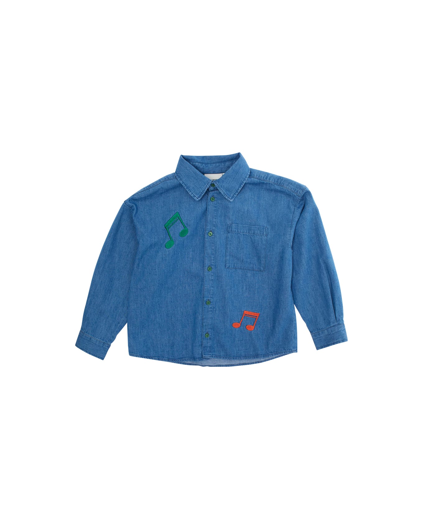 Mini Rodini Blue Shirt With Embroidery On The Front In Denim Boy - Blu