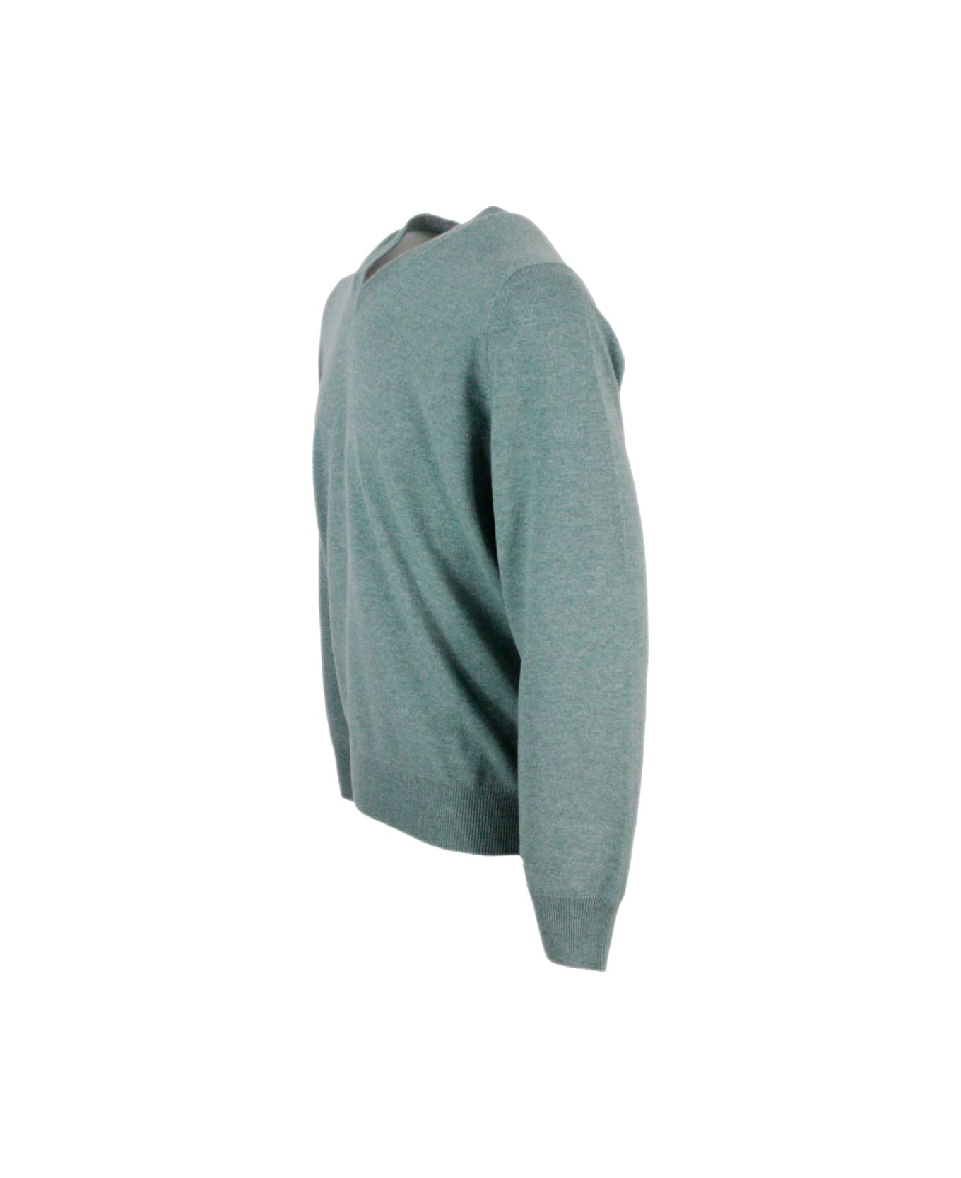 Brunello Cucinelli 100% Cashmere V-neck Sweater With Contrasting Profile - Blu - Grey