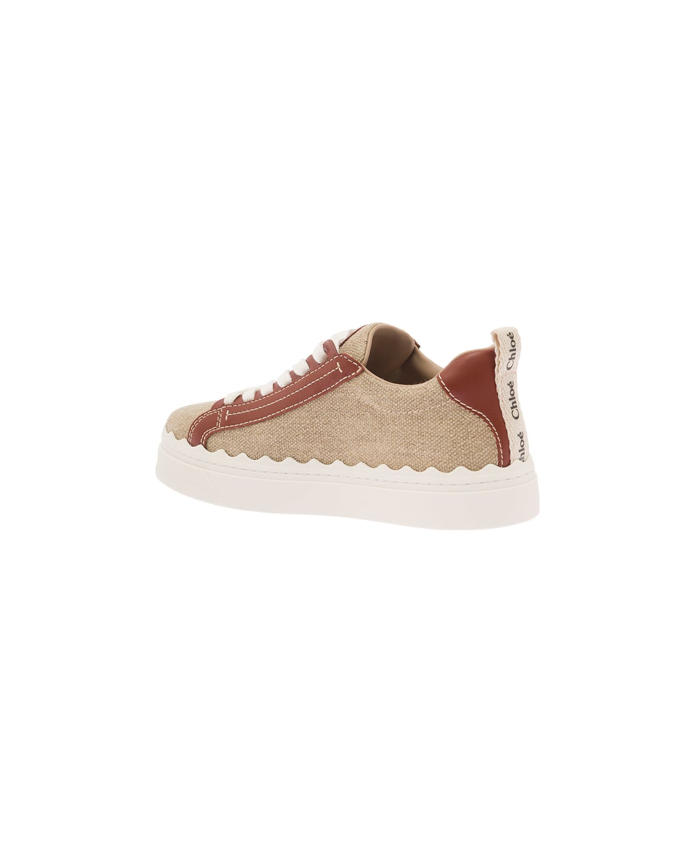 Chloé 'lauren' Beige Low Top Sneakers With Logo Detail And Brown Leather Trim In Canvas Woman - Brown