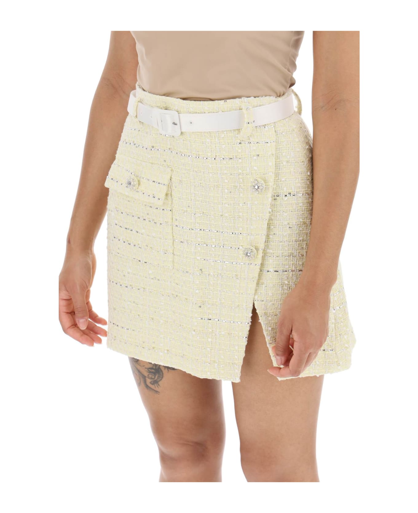 self-portrait Wrap Mini Skirt In Boucle Tweed - YELLOW (Yellow)