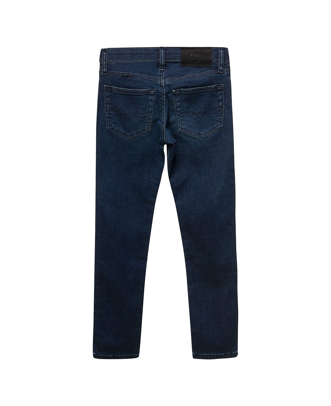 Ralph Lauren Blue Five Pockets Jeans With Logo Patch In Stretch Cotton Denim Boy - Blue ボトムス