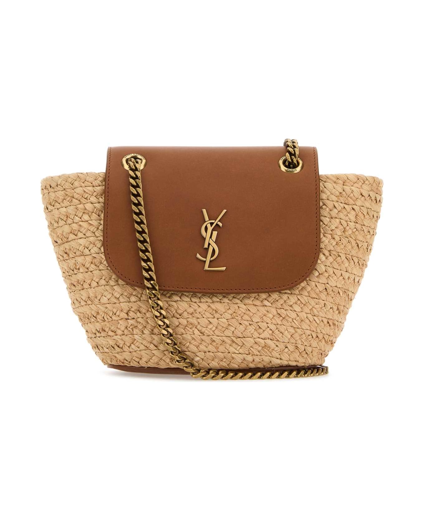 Saint Laurent Two-tone Raffia And Leather Mini Manon Shoulder Bag - NATBRICKBRICK