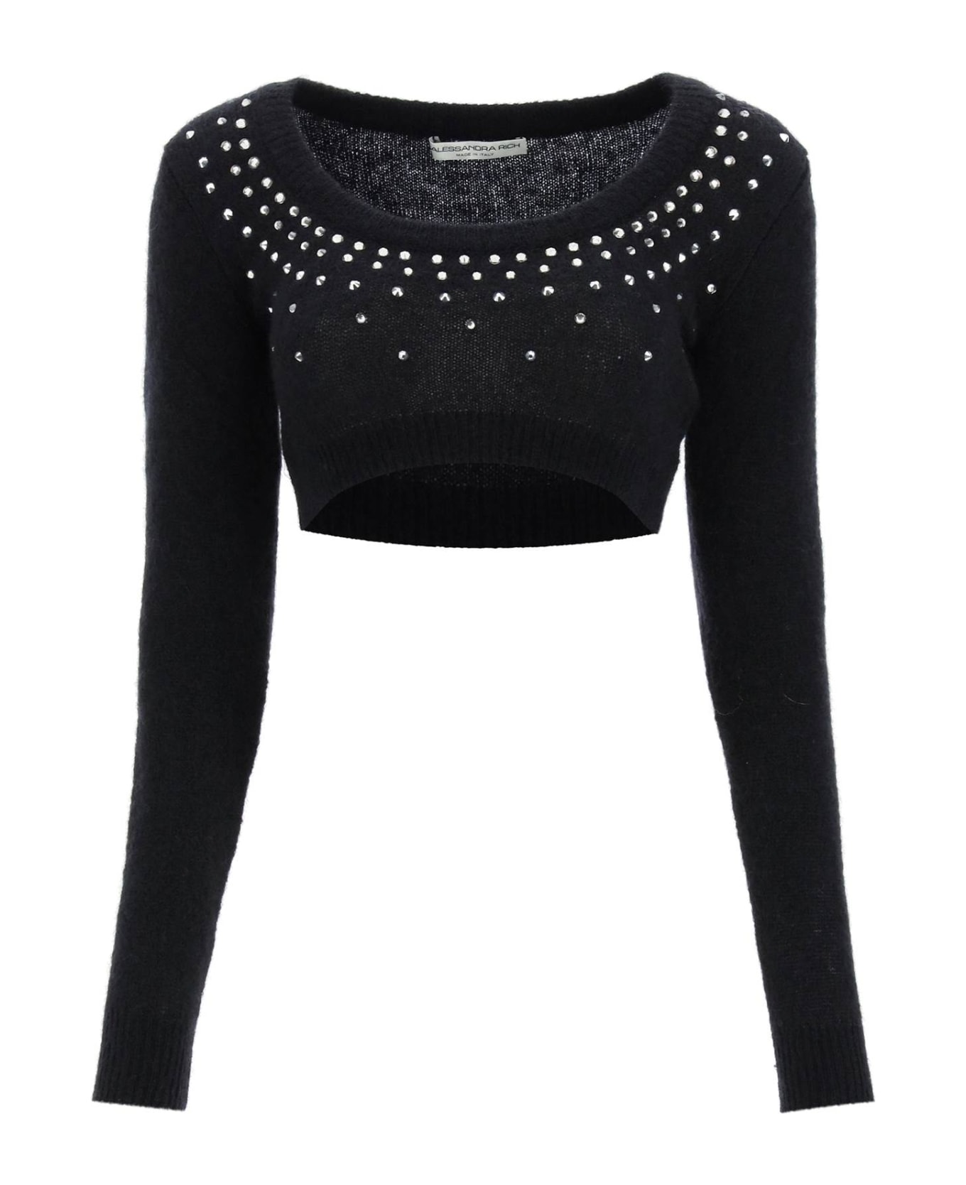 Alessandra Rich Cropped Sweater In Mohair And Wool With Crystals - BLACK (Black)