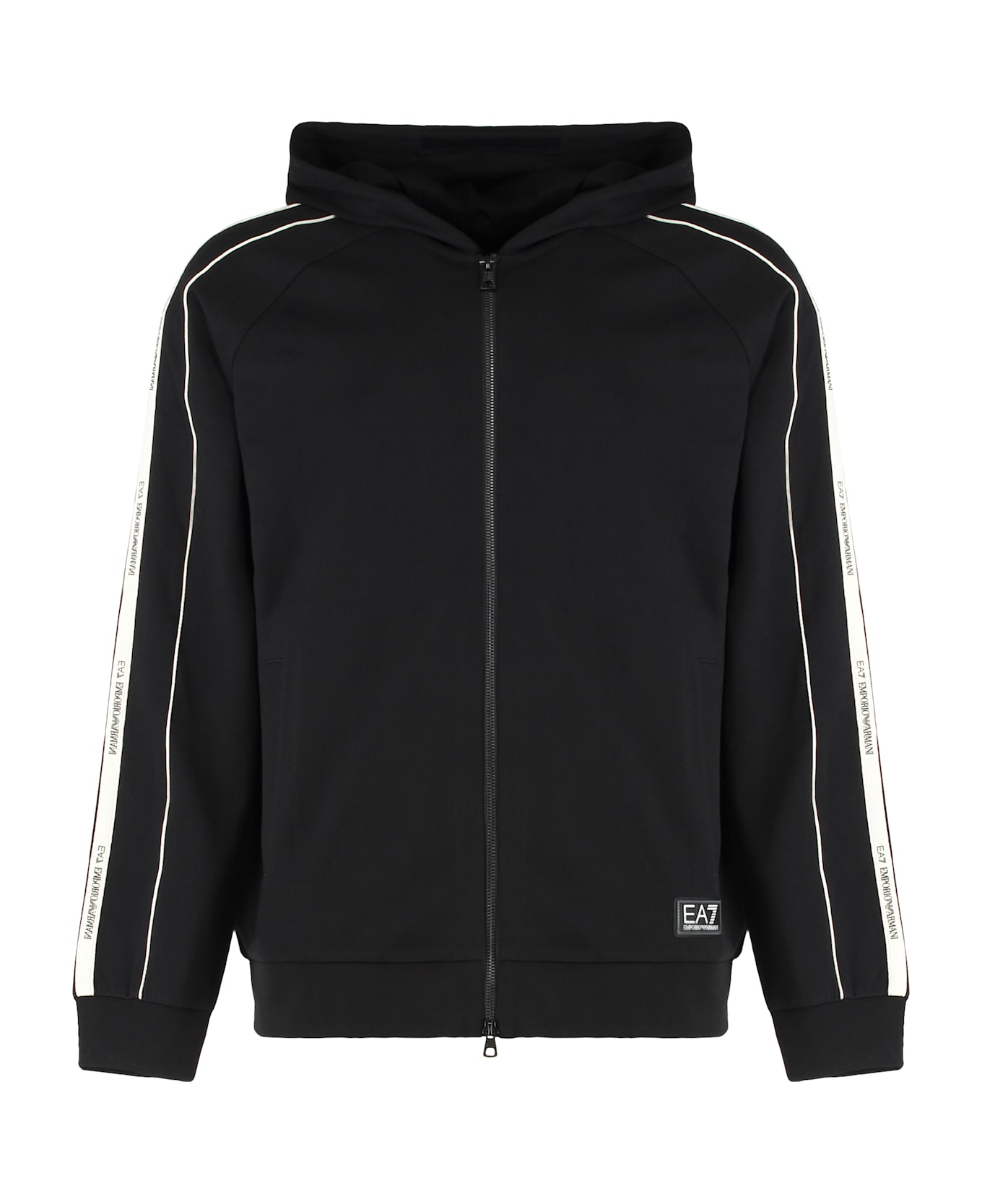 EA7 Hooded Sweatshirt With Zip In Cotton - black