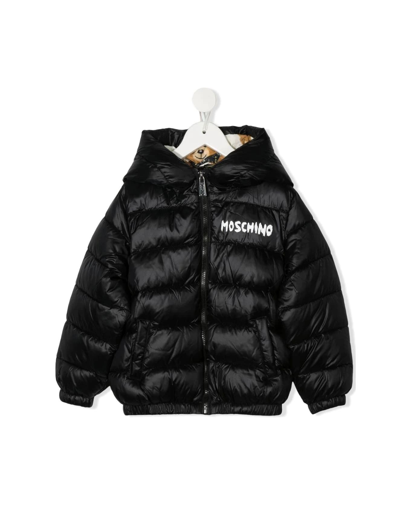 Moschino Kids Down Jacket In Black Nylon With Teddy Bear On The Back - Nero