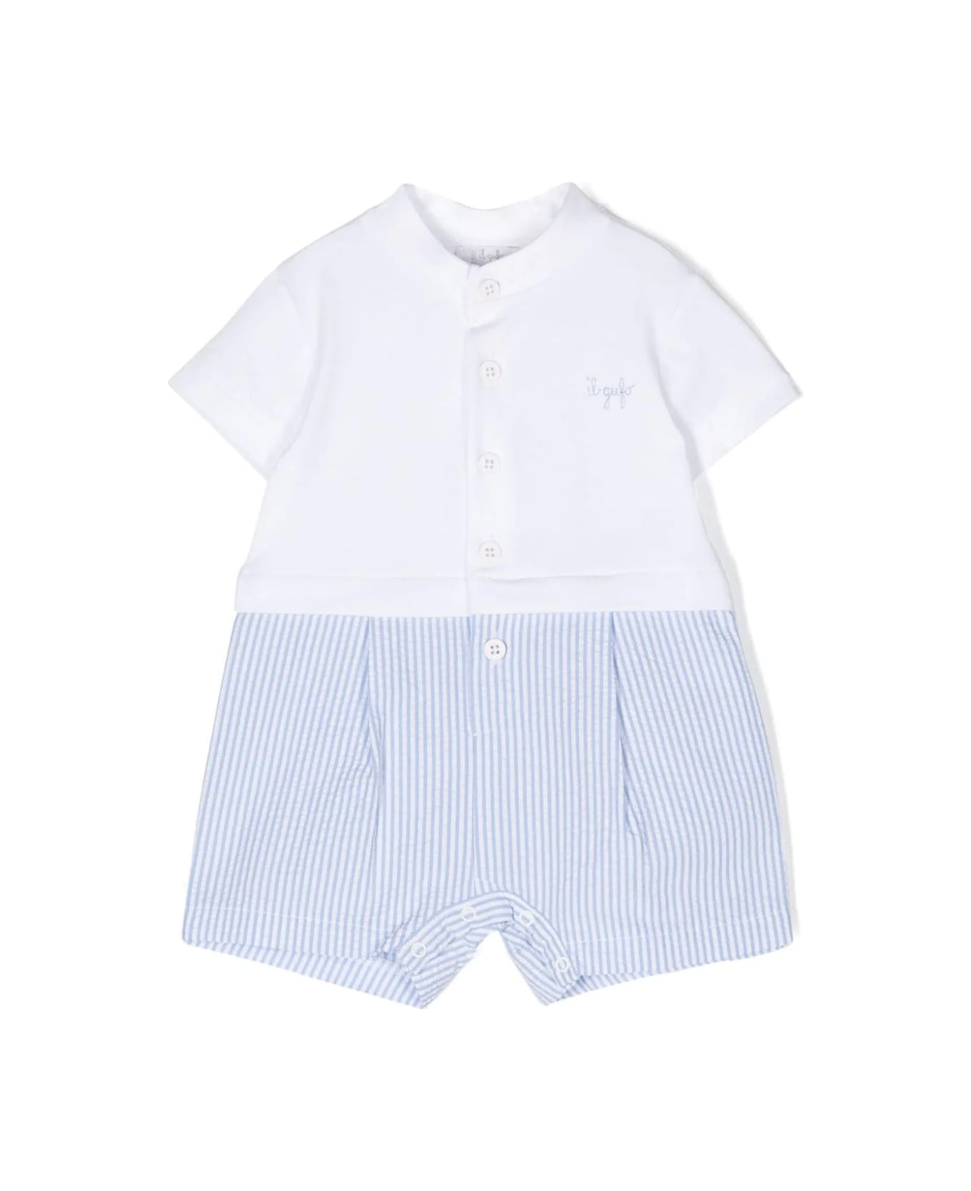 Il Gufo Light Blue And White Striped Seersucker Short Playsuit In Two Different Materials - Blue