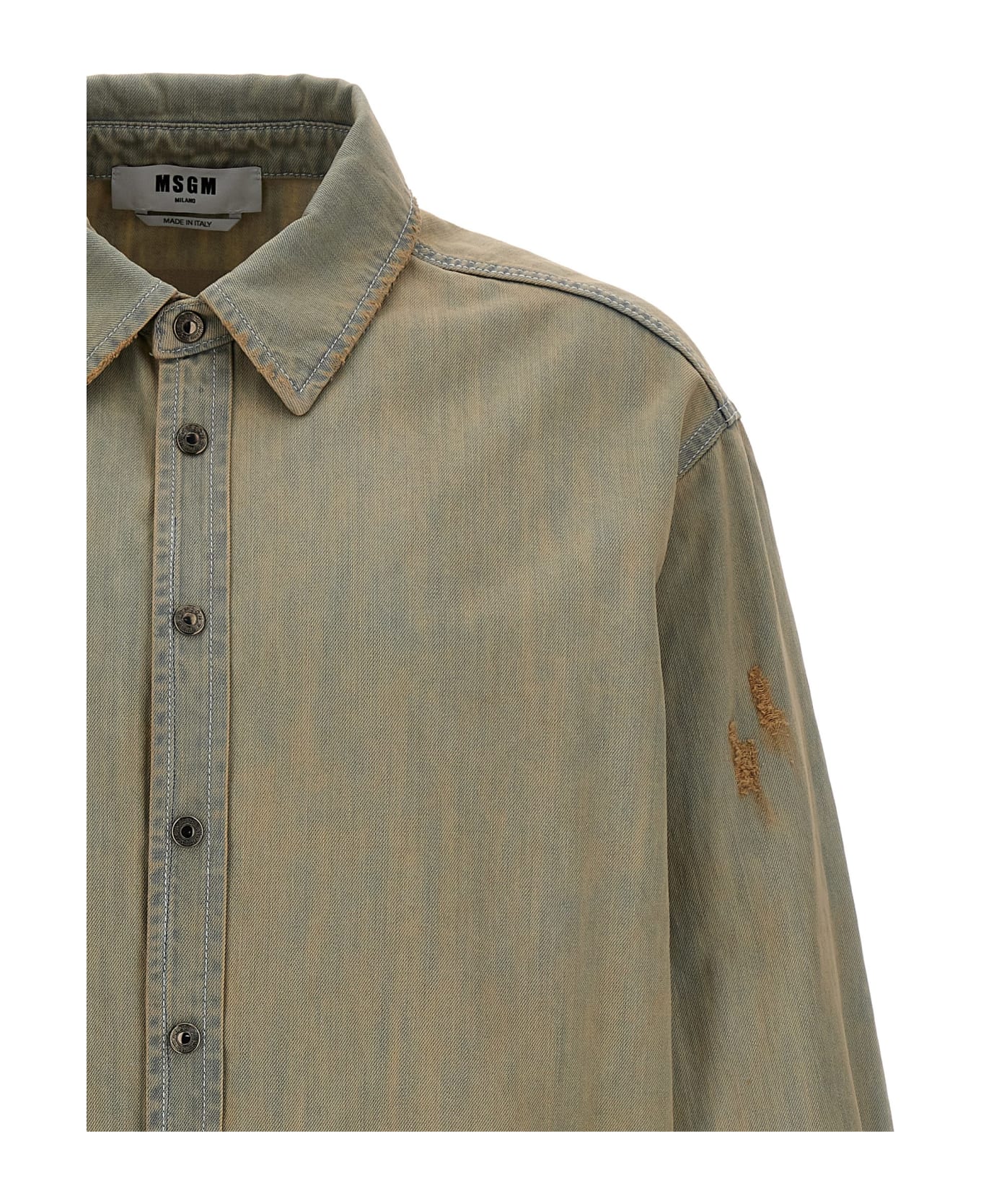 MSGM Stone Wash Denim Shirt - Blue/beige