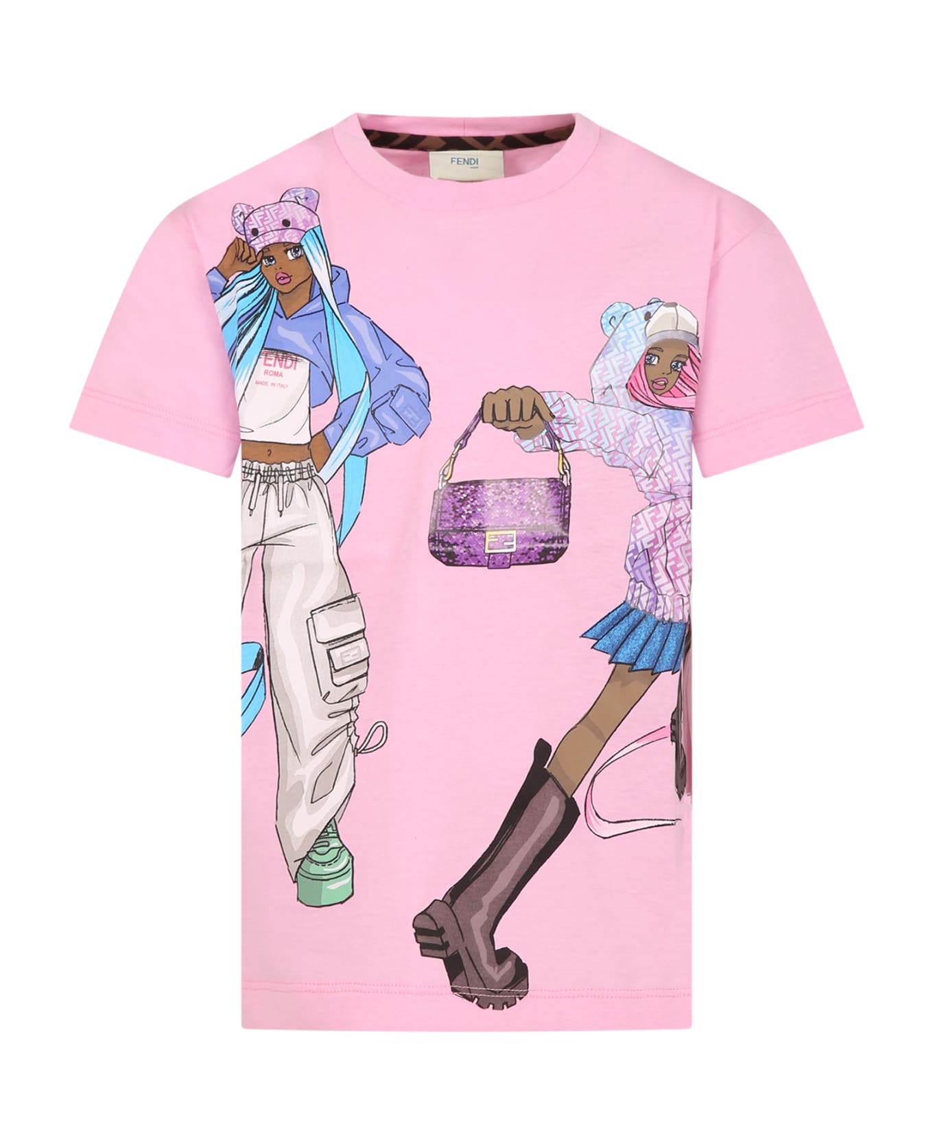 Fendi Pink T-shirt For Girl With Print And Double Ff - Pink Tシャツ＆ポロシャツ
