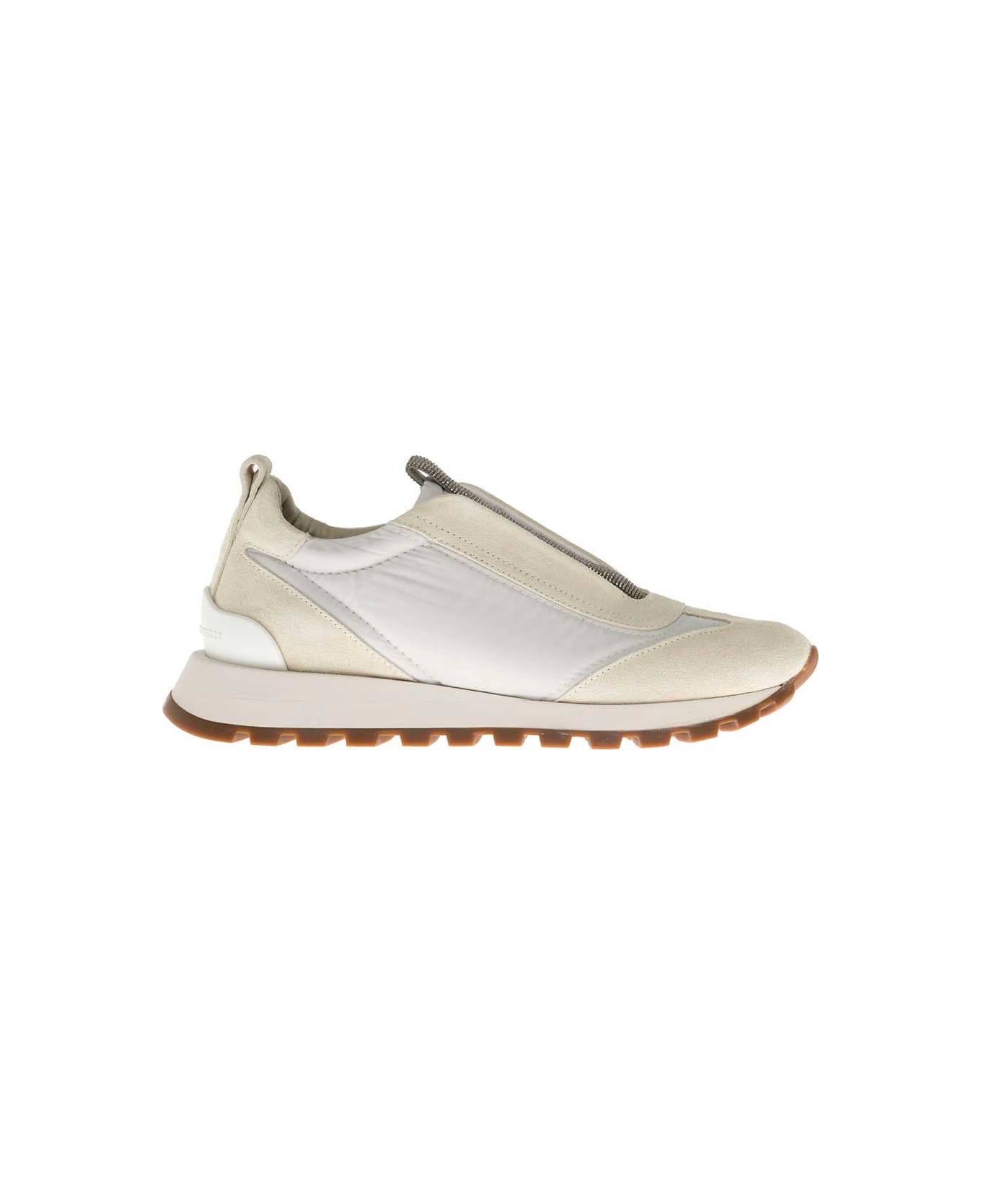 Brunello Cucinelli White Sneakers With Monile Insert In Suede And Fabric Woman - White
