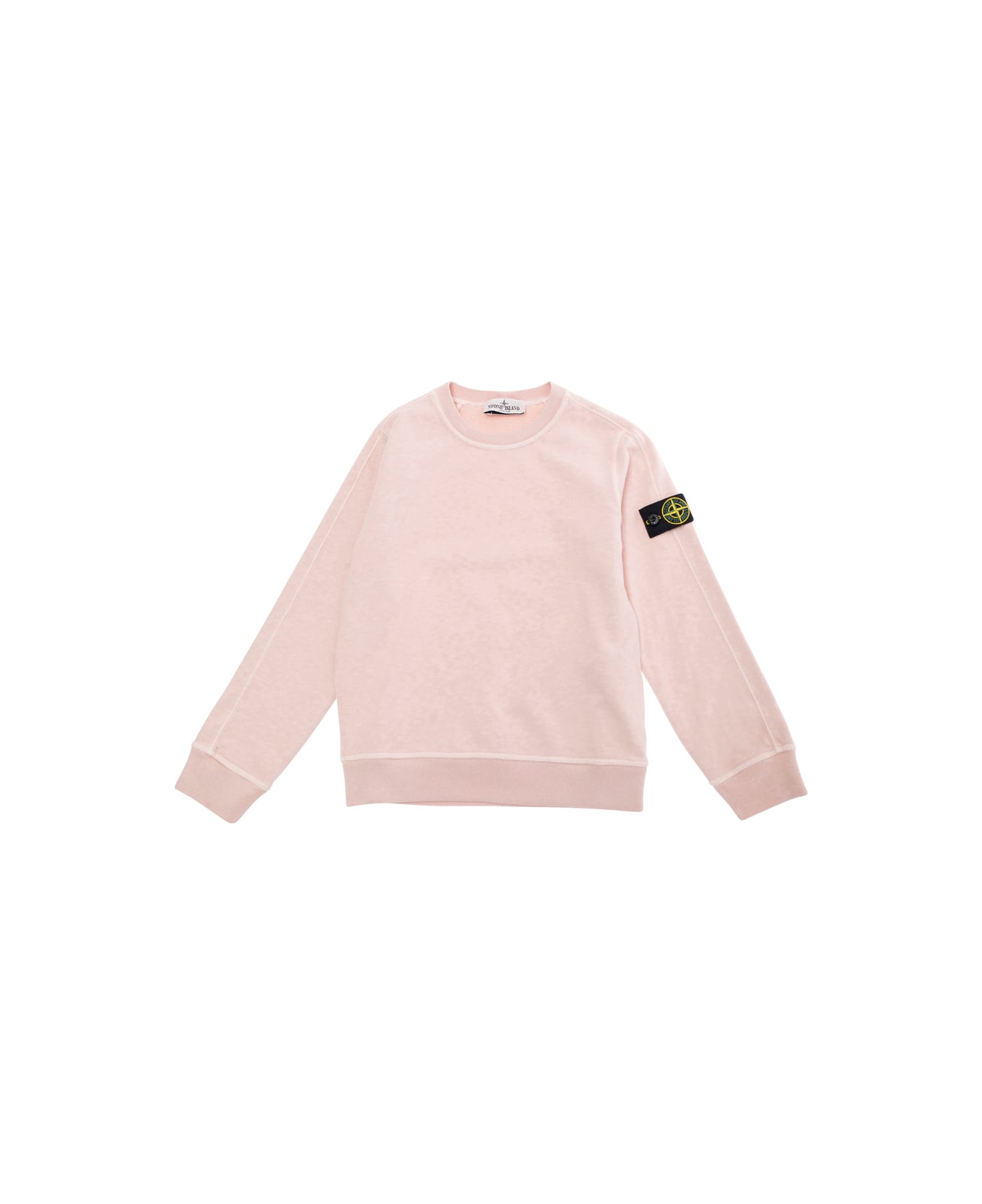 Stone Island Junior Pink Sweatshirt With Round Neck And Logo Patch On The Sleeve In Cotton Boy - Pink