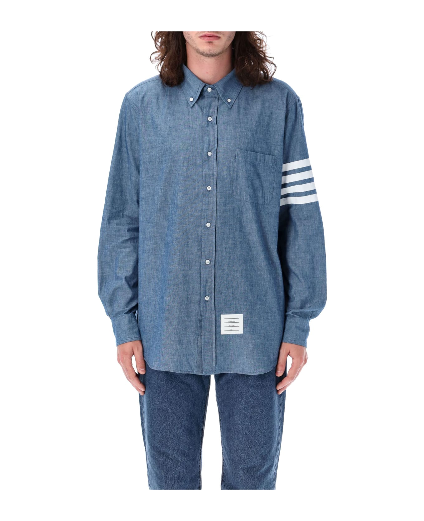 Thom Browne Straight Fit Shirt With 4bar In Chambray - BLUE