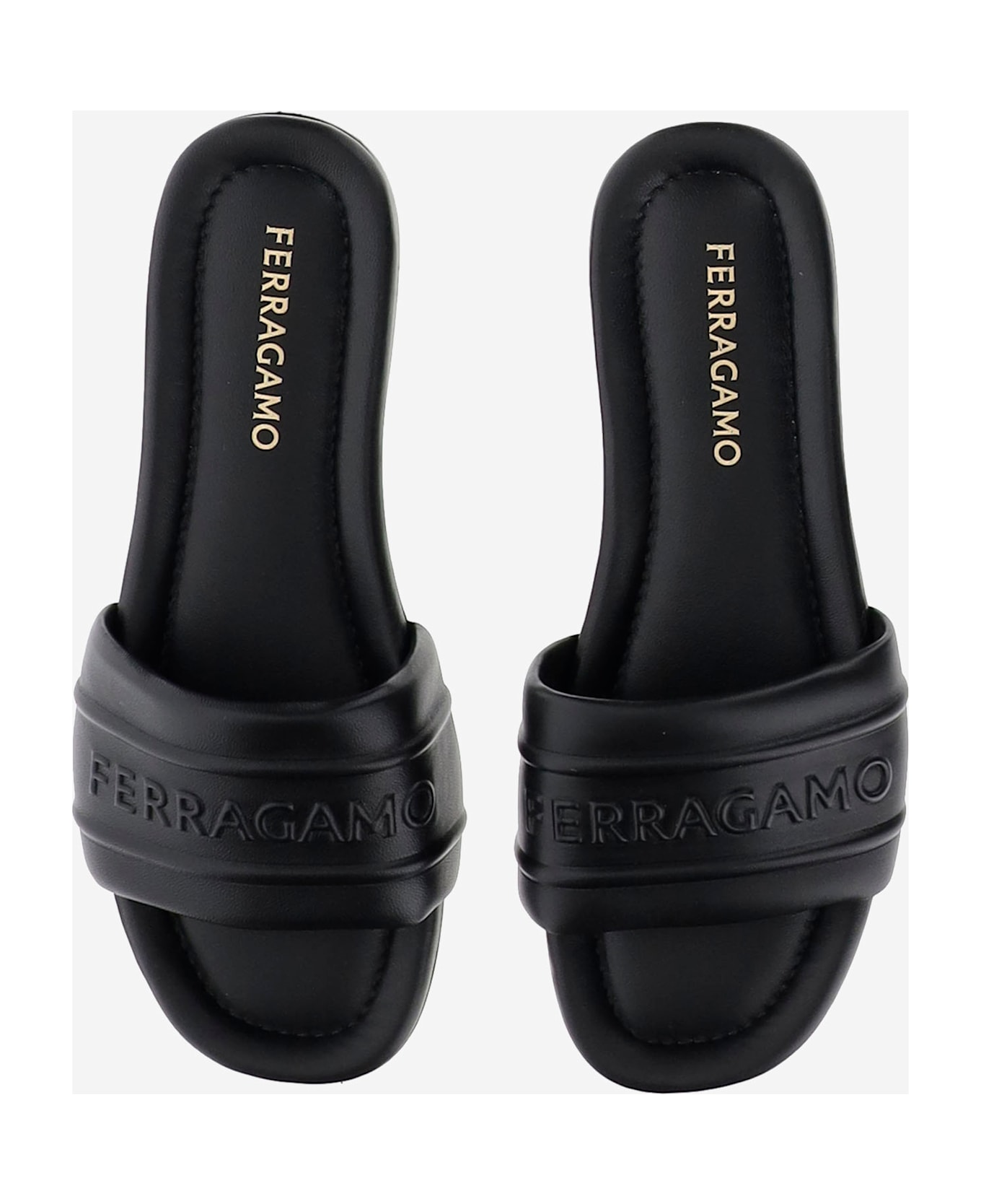 Ferragamo Leather Sandals With Logo - Black