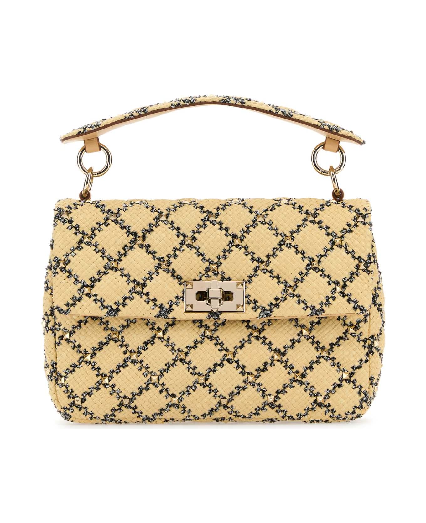 Valentino Garavani Raffia Rockstud Handbag - NATURALENEROSAHARABEIGE