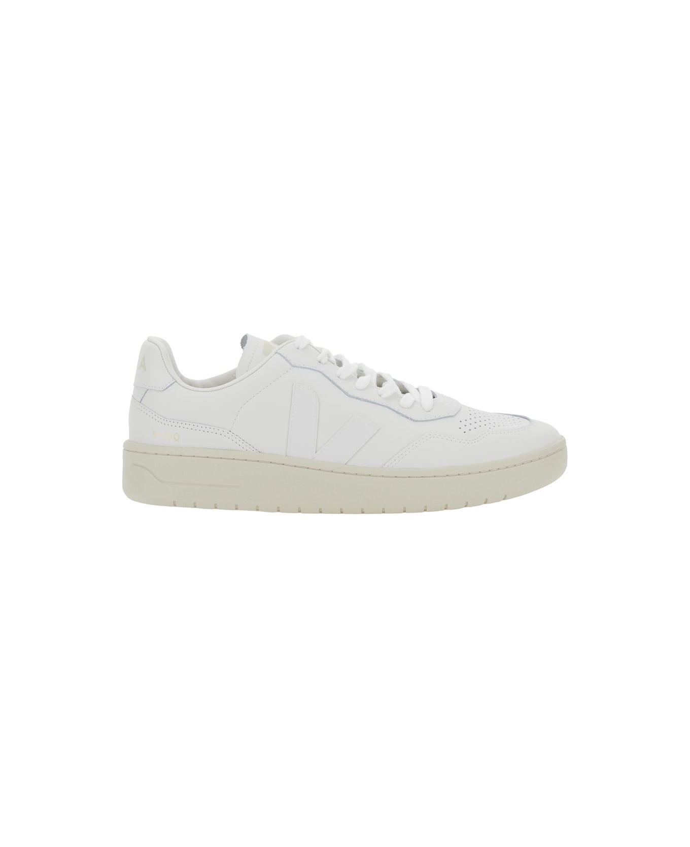 Veja 
v-90
 White Sneakers With Logo Patch On The Tongue And Logo Lettering On The Heel In Leather Unisex - White