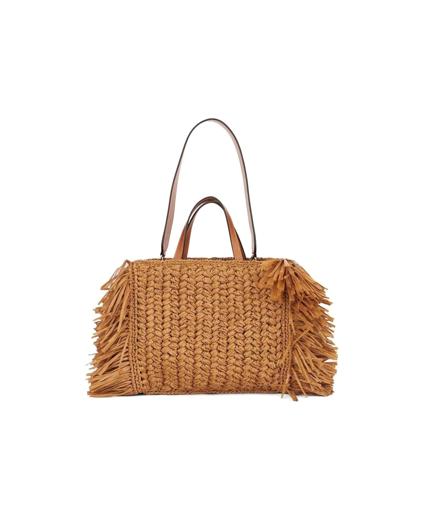 Etro Medium Shopping Bag In Raffia With Logo And Fringes - Marrone