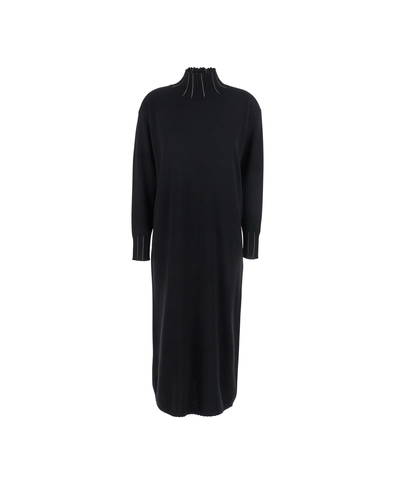 Fabiana Filippi Black High Neck Dress With Rhinestone Details In Wool Blend Woman - Black