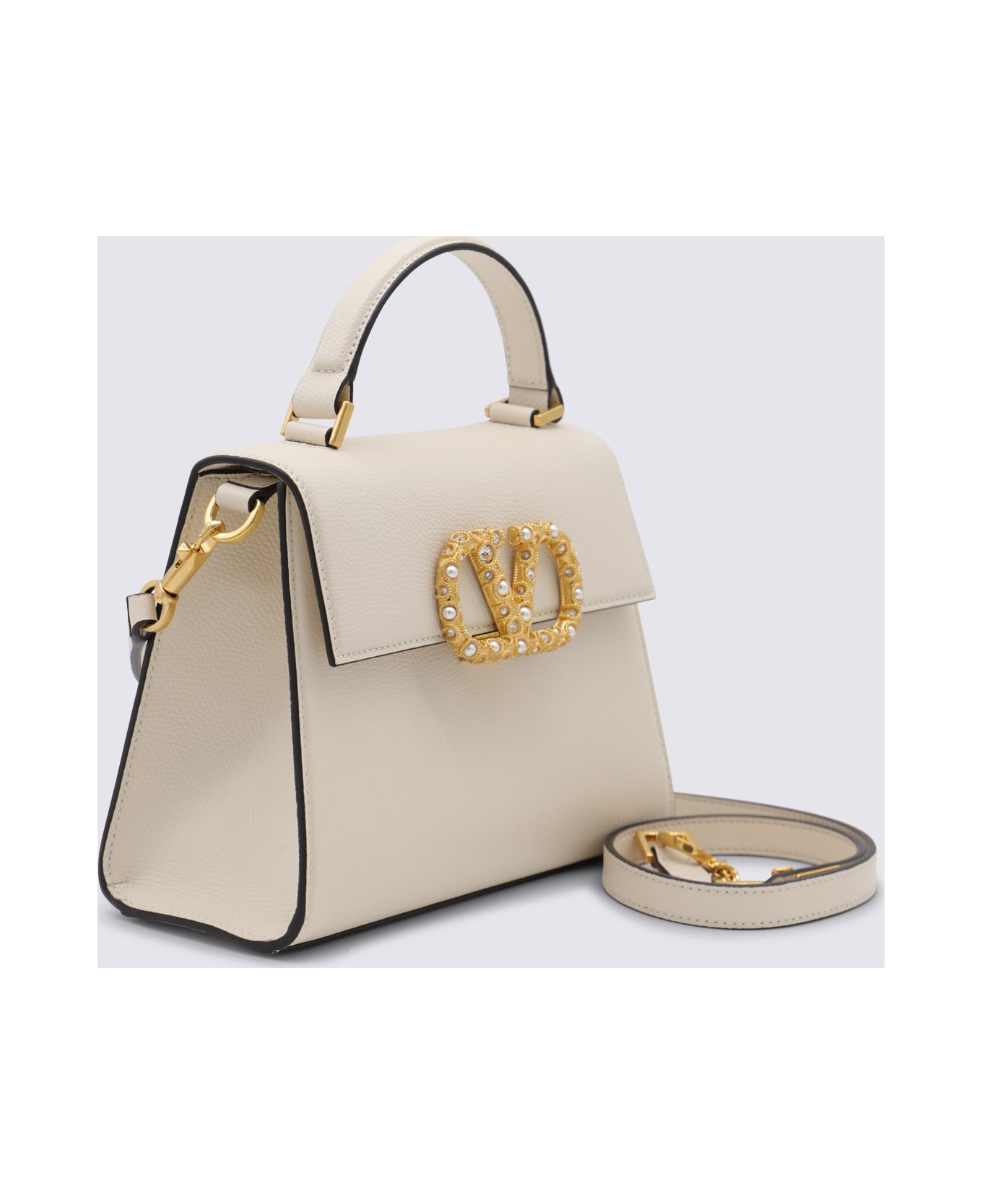 Valentino Garavani White Leather Vsling Top Handle Bag - LIGHT IVORY/CRYSTAL